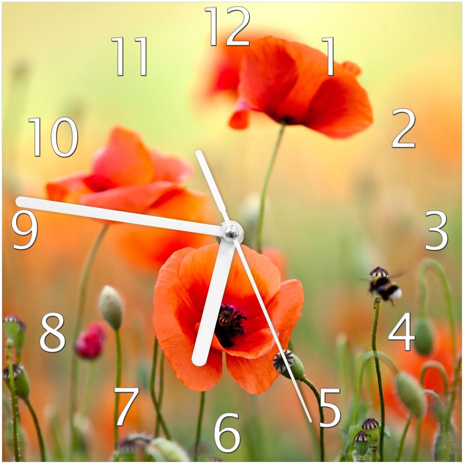 Wallario Uhr 30 x 30 cm, wei&szlig;e Zeiger Mohnblumenbl&uuml;ten - Bild 1