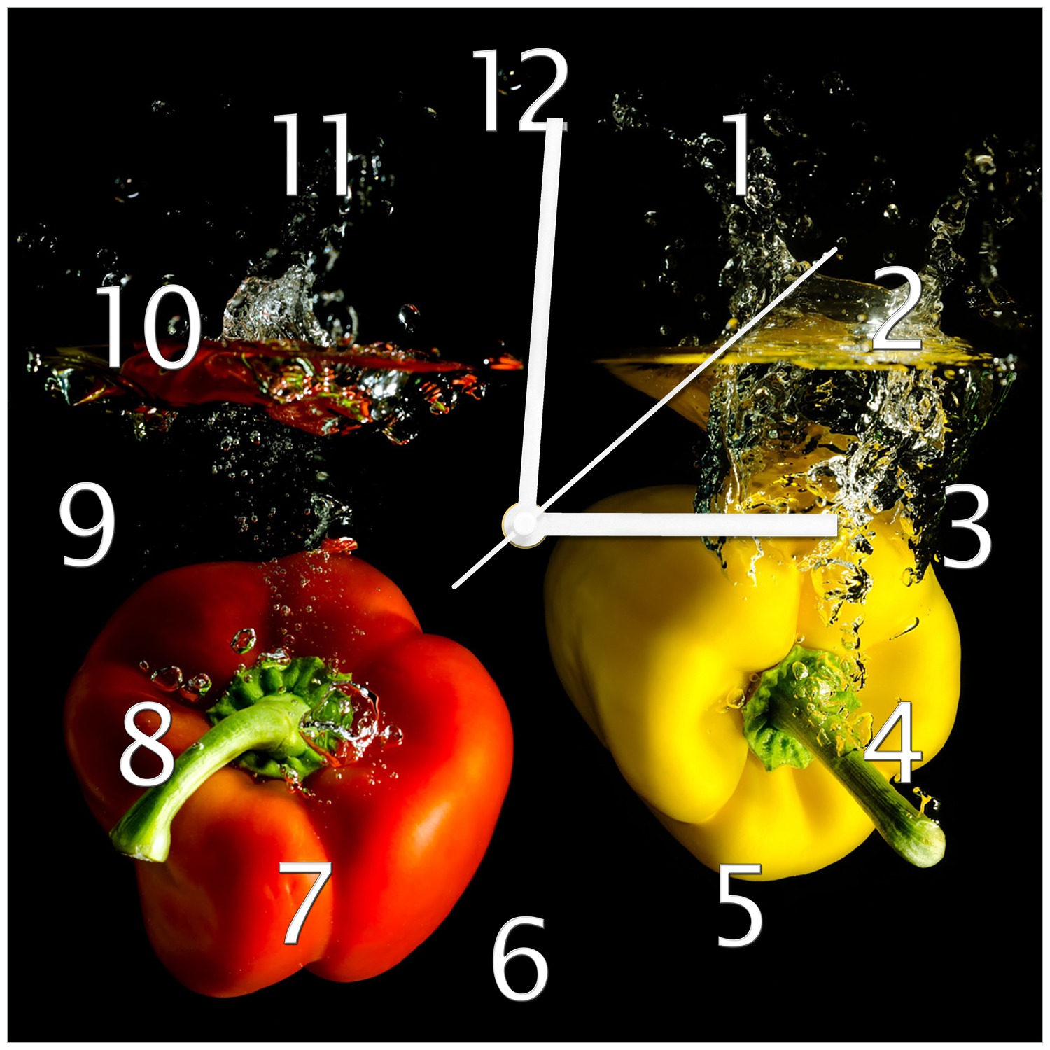 Wallario Uhr 30 x 30 cm, wei&szlig;e Zeiger Bunte K&uuml;che  Paprika in rot  gelb  orange und gr&uuml;n im Wasser - Bild 1