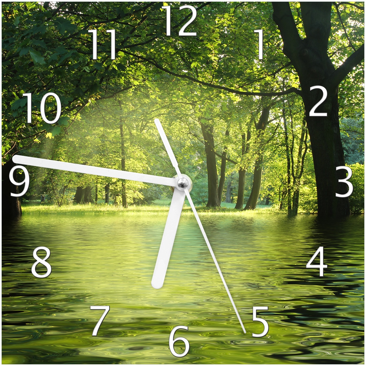 Wallario Uhr 30 x 30 cm, wei&szlig;e Zeiger Idyllischer See im Wald bei Sonnenschein - Bild 1