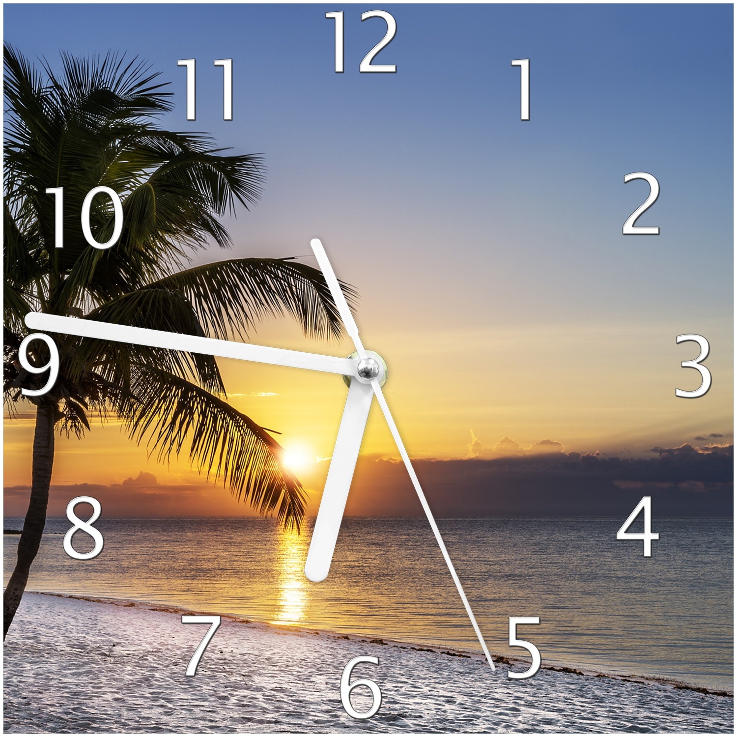 Wallario Uhr 30 x 30 cm, wei&szlig;e Zeiger Palme am Strand - Sonnenuntergang &uuml;ber dem Meer - Bild 1