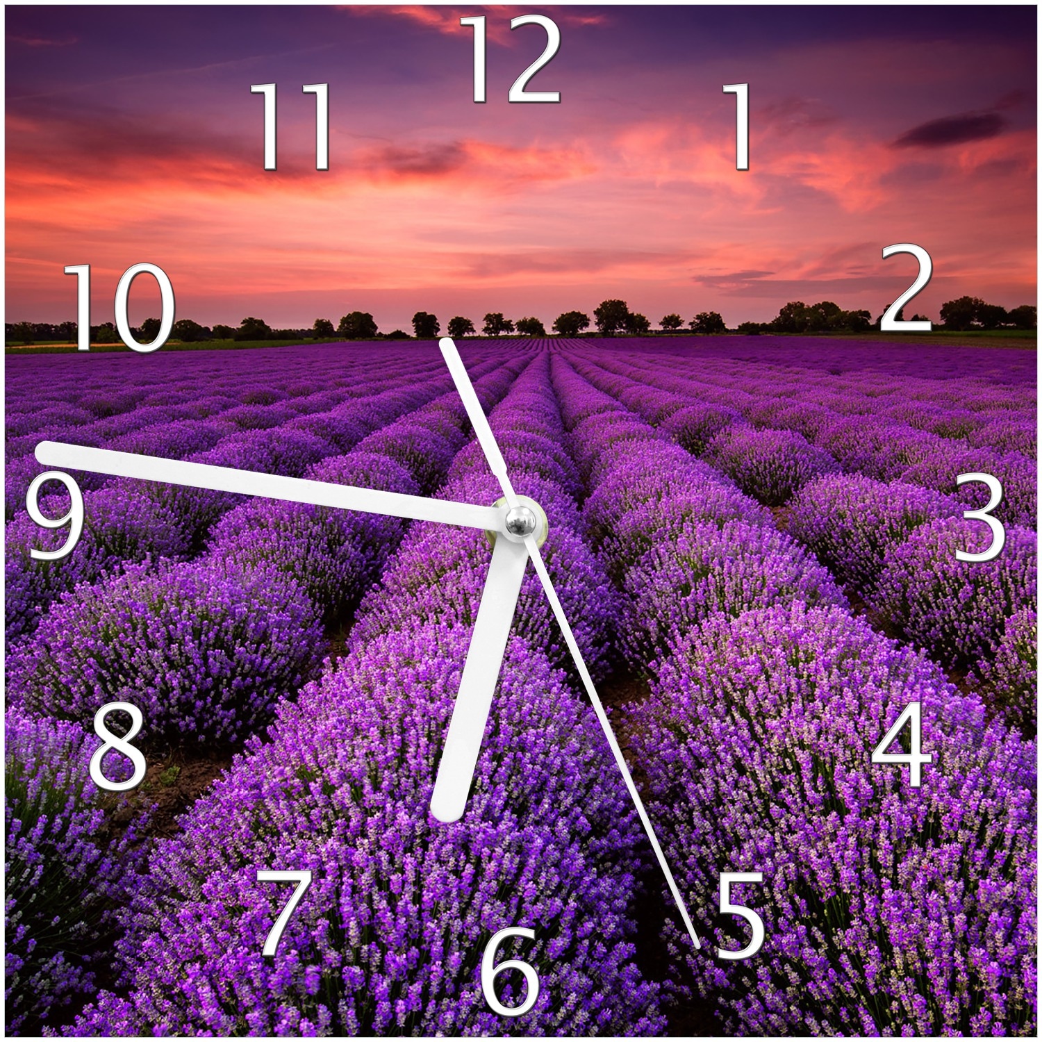 Wallario Uhr 30 x 30 cm, wei&szlig;e Zeiger Lavendelfeld unter rotem Himmel - Bild 1