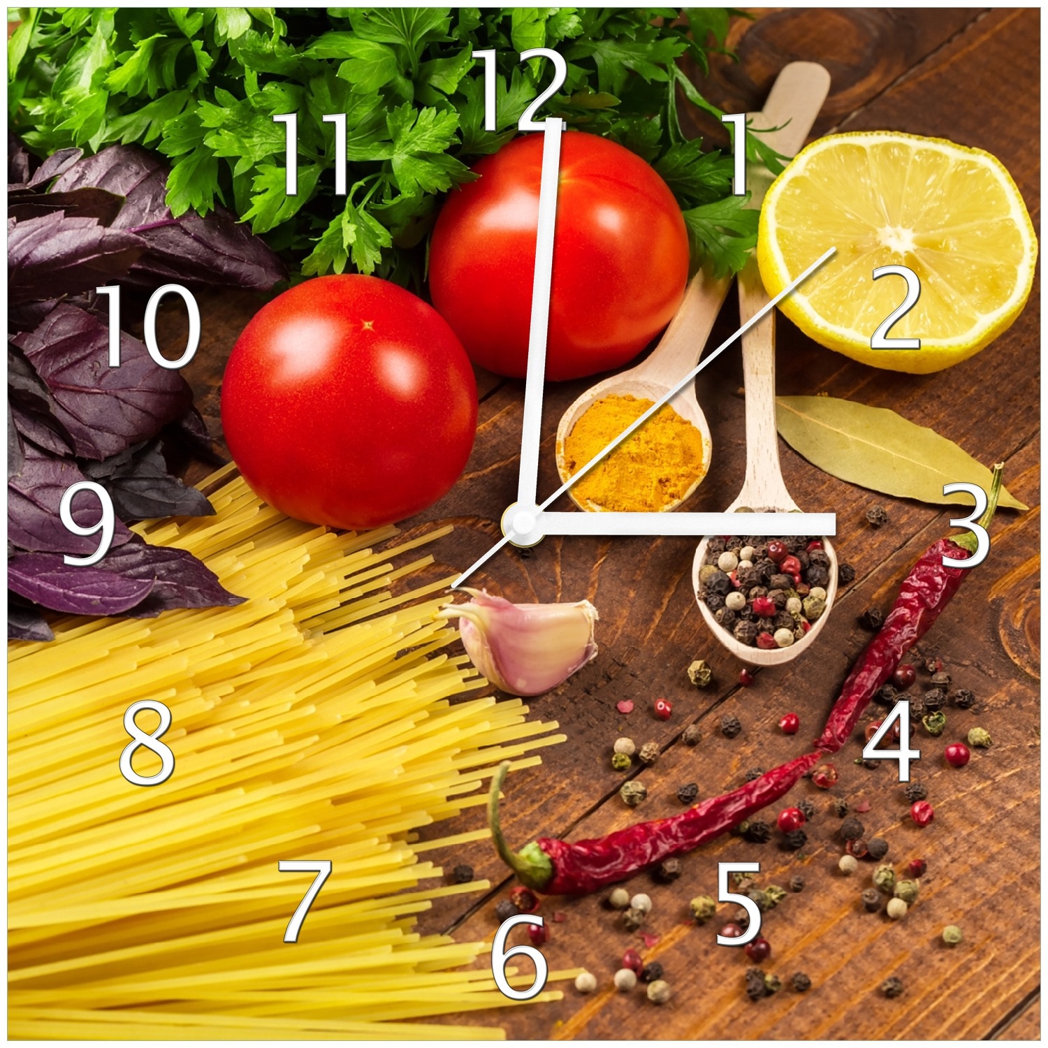 Wallario Uhr 30 x 30 cm, wei&szlig;e Zeiger Italienisches Men&uuml; mit Spaghetti, Tomaten, Basilikum und Gew&uuml;rzen - Bild 1