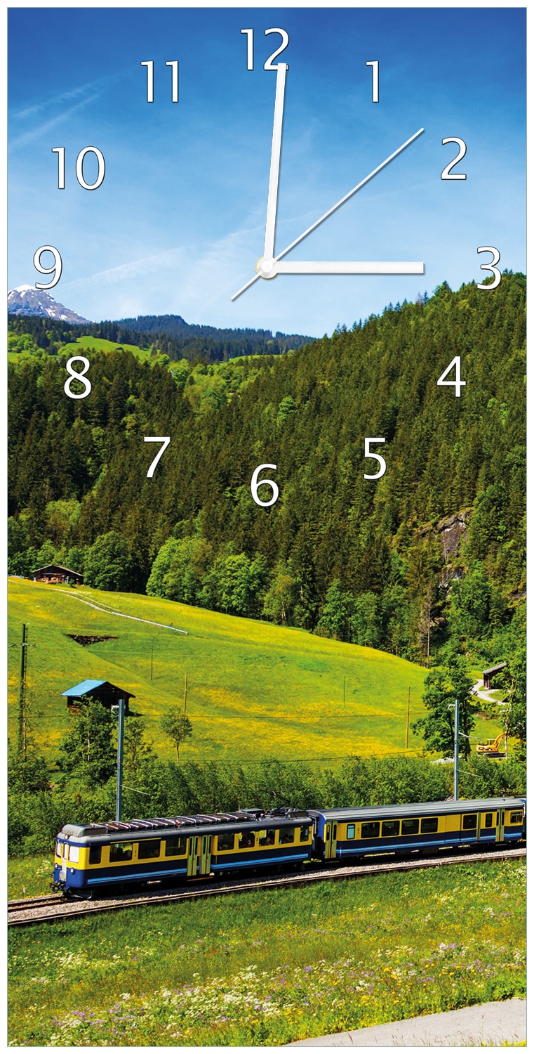 Wallario Uhr 30 x 30 cm, wei&szlig;e Zeiger Eisenbahn in einer Sommerlandschaft in der Schweiz - Bild 1