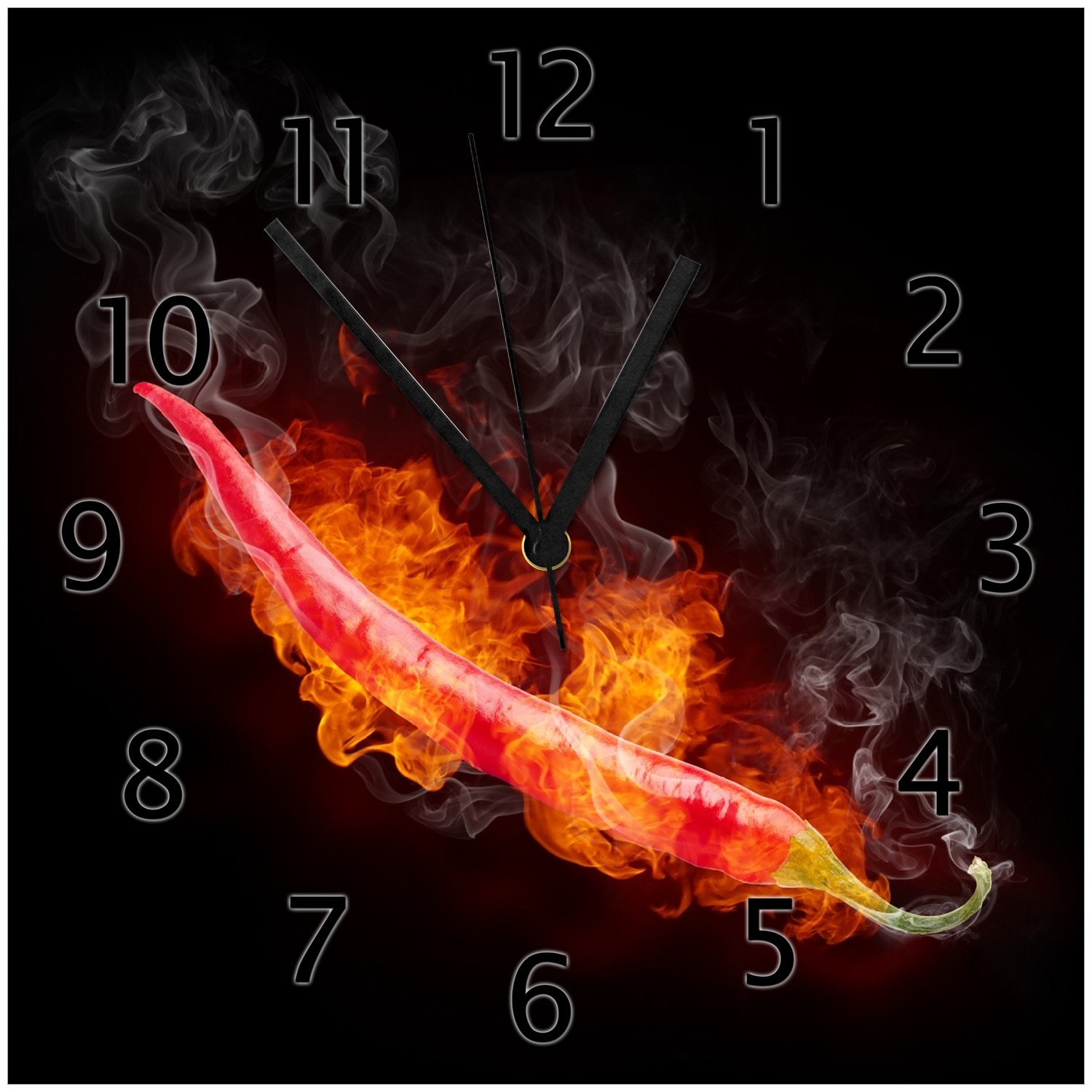 Wallario Uhr 30 x 30 cm, wei&szlig;e Zeiger Hei&szlig;e, brennende Chili-Schote vor schwarzem Hintergrund - Bild 1