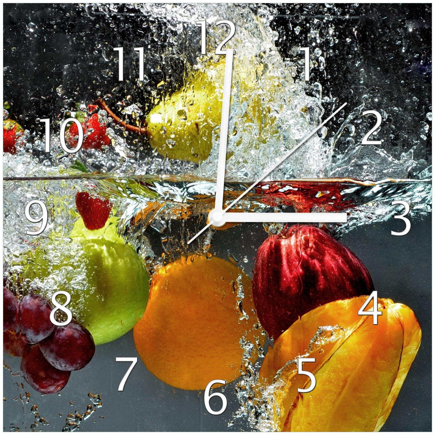 Wallario Uhr 30 x 30 cm, wei&szlig;e Zeiger Fr&uuml;chte im und unter Wasser - Splashing Fruits - Bild 1
