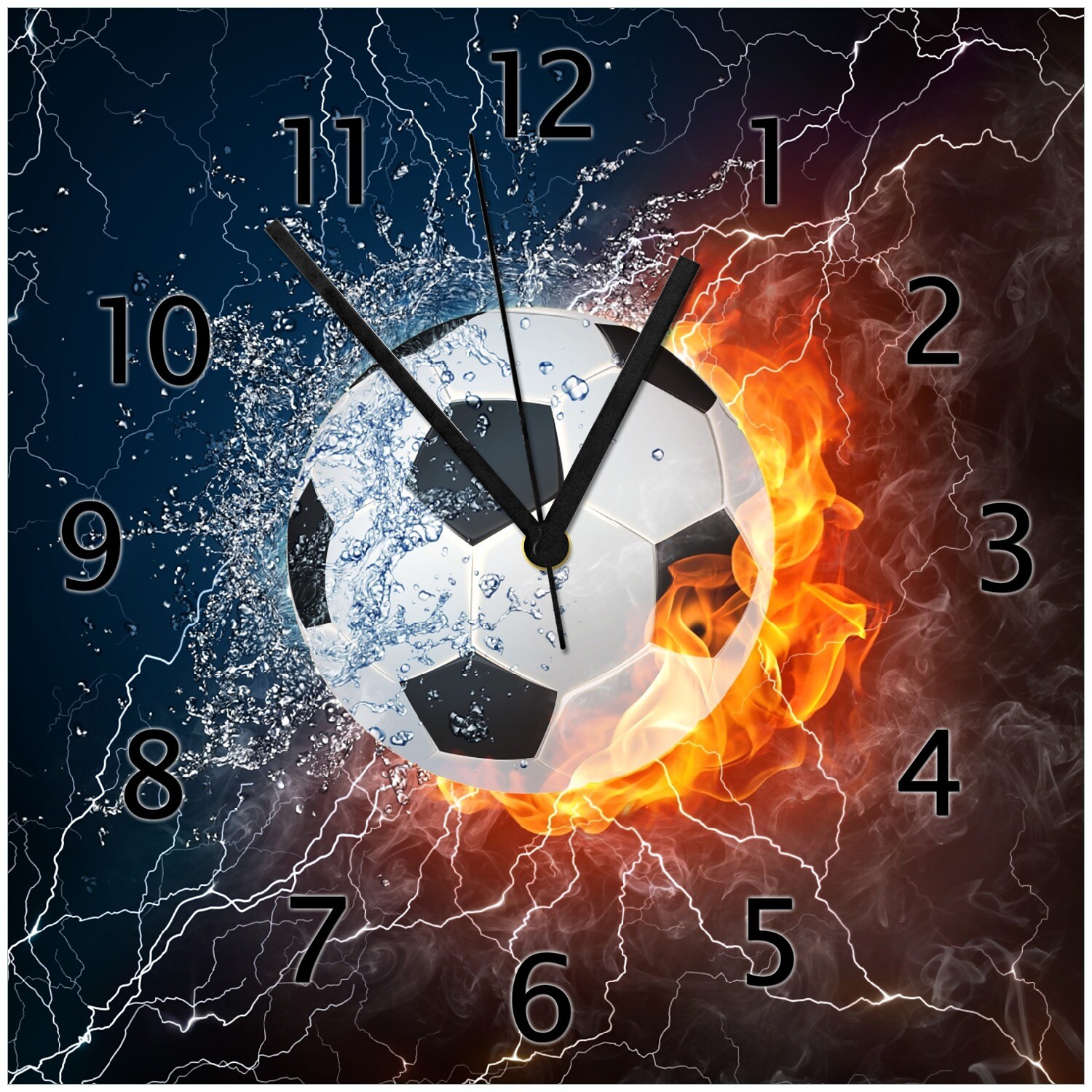 Wallario Uhr 30 x 30 cm, wei&szlig;e Zeiger Fu&szlig;ball - Feuer und Wasser - Bild 1