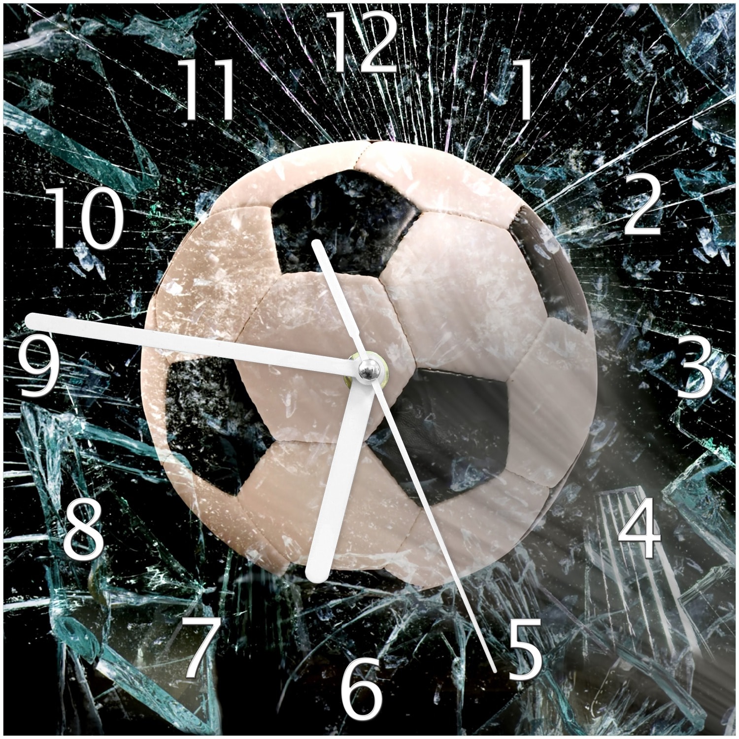 Wallario Uhr 30 x 30 cm, wei&szlig;e Zeiger Fu&szlig;ball - im Fenster, Splitter und Glas - Bild 1
