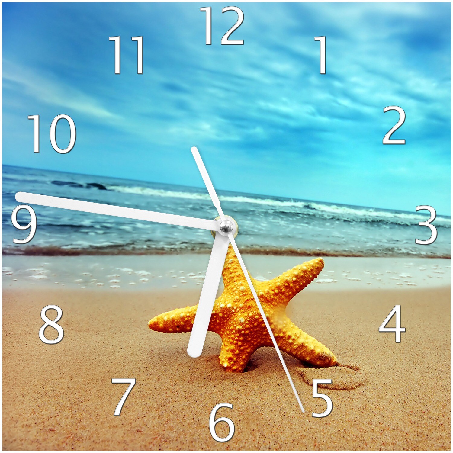 Wallario Uhr 30 x 30 cm, schwarze Zeiger Seestern am Strand am Meer - Bild 1