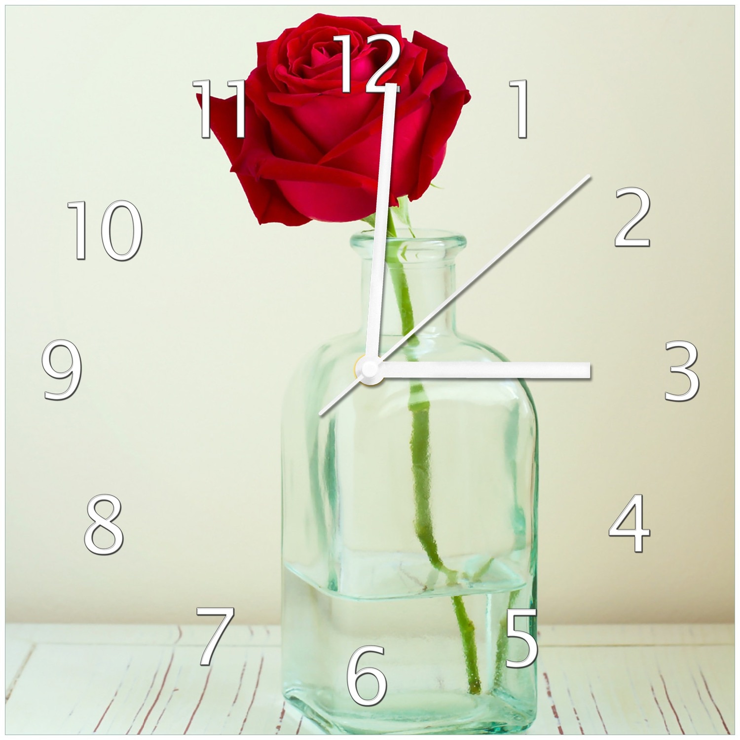 Wallario Uhr 30 x 30 cm, schwarze Zeiger Rote Rose in Glasvase - Bild 1