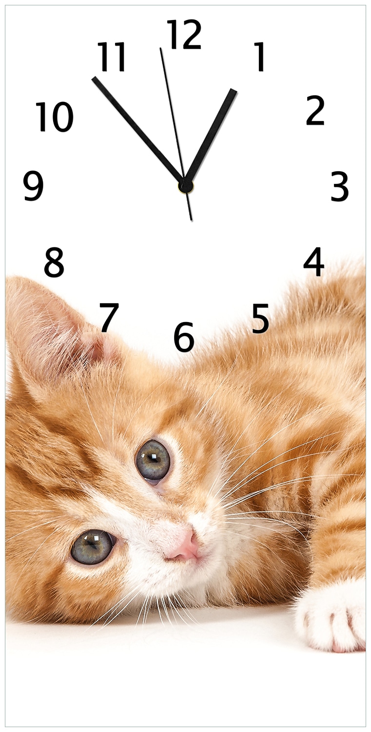 Wallario Uhr 30 x 30 cm, schwarze Zeiger S&uuml;&szlig;e Katze mit gro&szlig;en Augen - rot wei&szlig; getigert - Bild 1