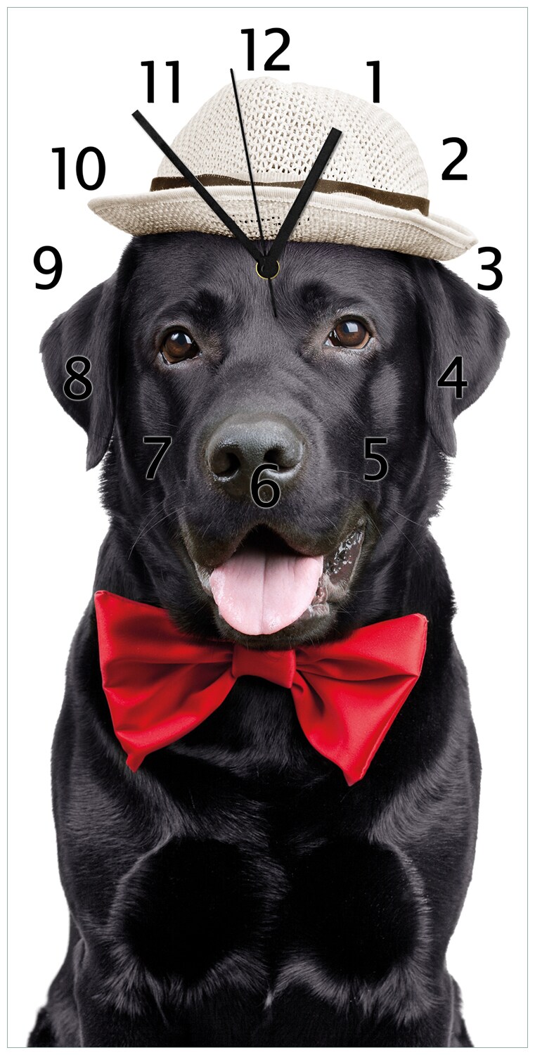 Wallario Uhr 30 x 30 cm, schwarze Zeiger Schwarzer Labrador Retriever mit roter Fliege und M&uuml;tze - Bild 1