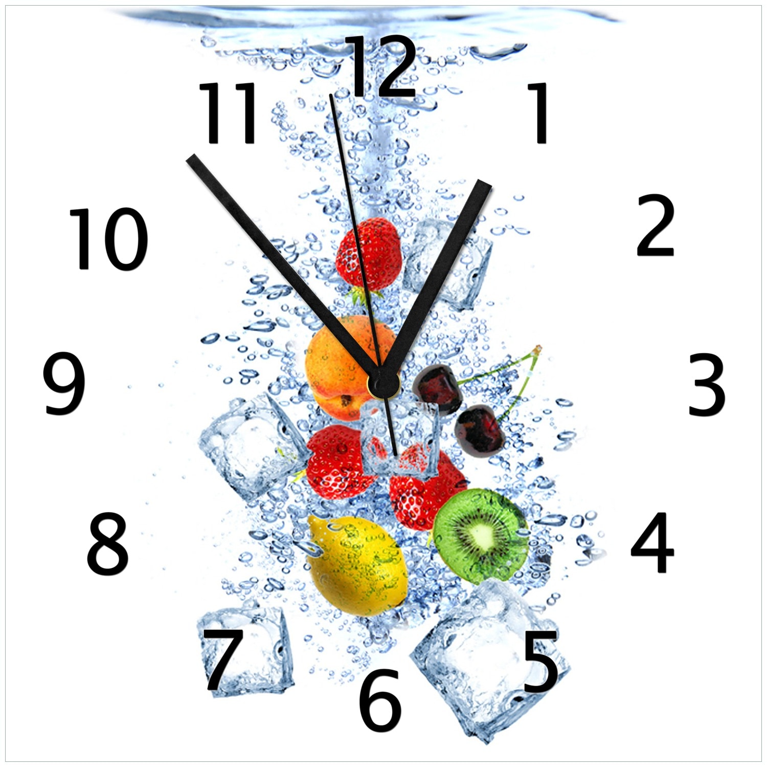 Wallario Uhr 20 x 20 cm, wei&szlig;e Zeiger Obst-Eisw&uuml;rfel-Mix im Wasser mit wei&szlig;em Hintergrund - Bild 1