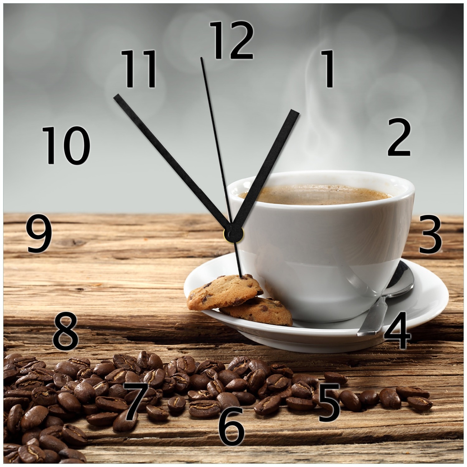 Wallario Uhr 20 x 20 cm, wei&szlig;e Zeiger Hei&szlig;e Tasse Kaffee mit Kaffeebohnen - Bild 1