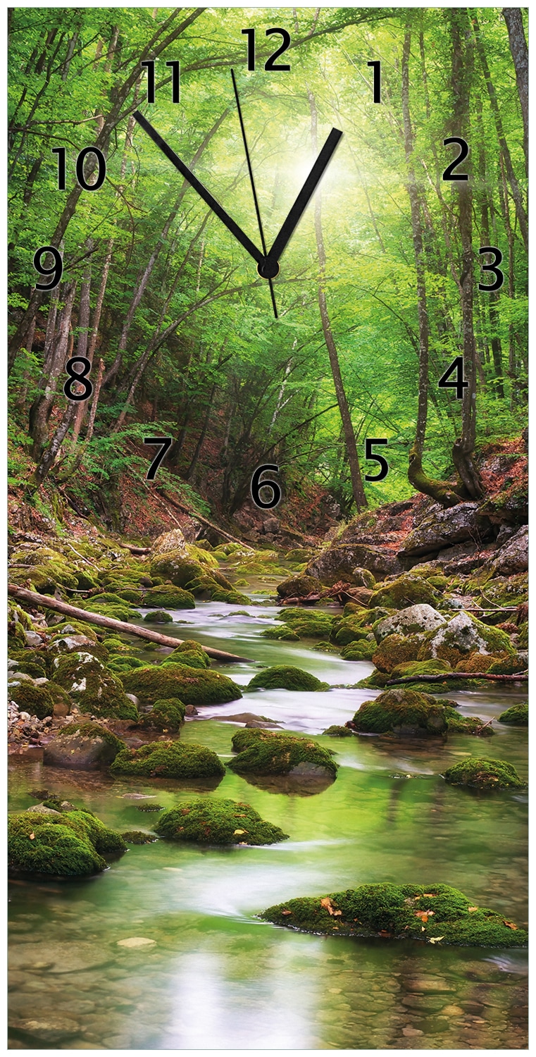 Wallario Uhr 30 x 60 cm, schwarze Zeiger Fluss im Wald - Bild 1