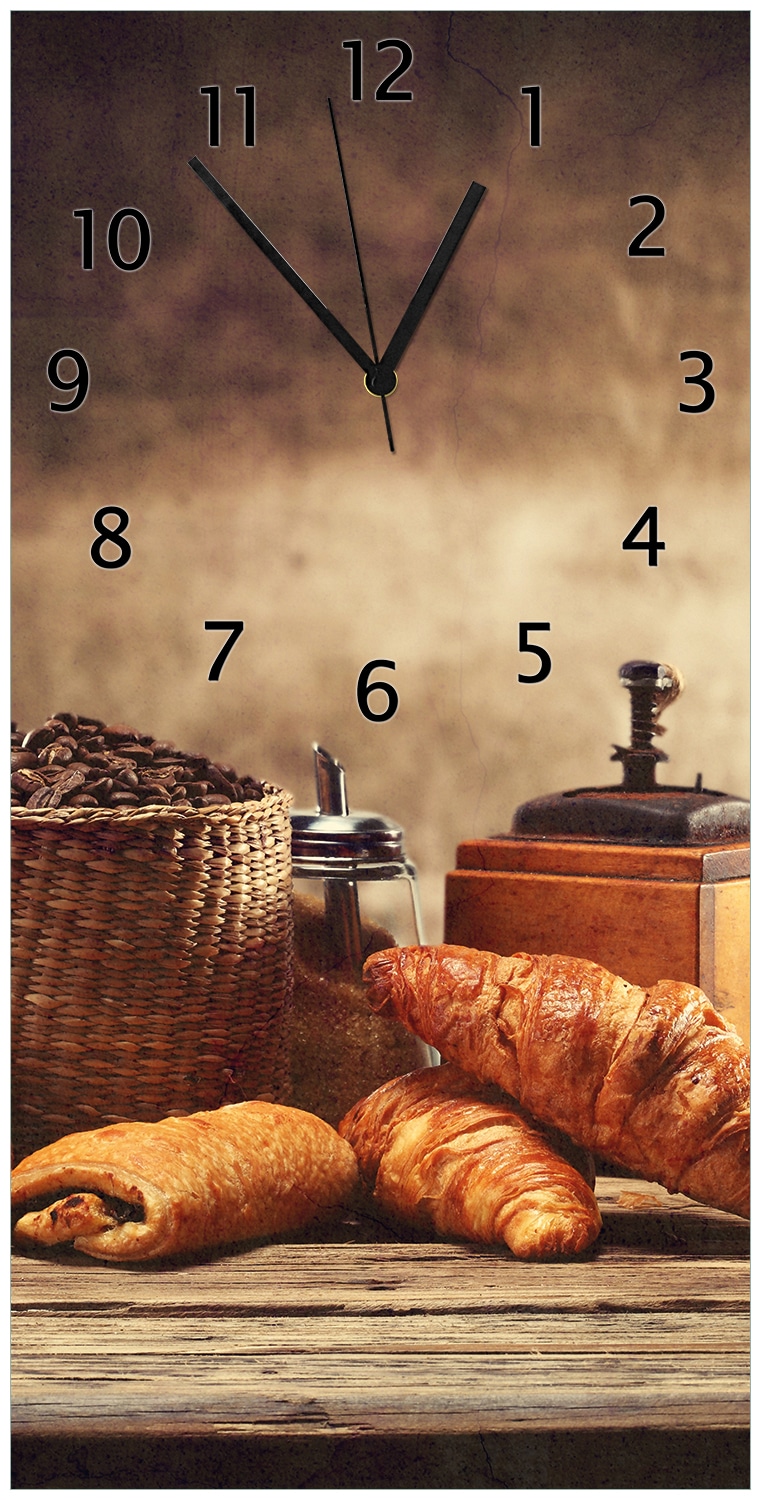 Wallario Uhr 30 x 60 cm, schwarze Zeiger Franz&ouml;sisches Fr&uuml;hst&uuml;ck mit Caf&eacute; und Croissants - Bild 1