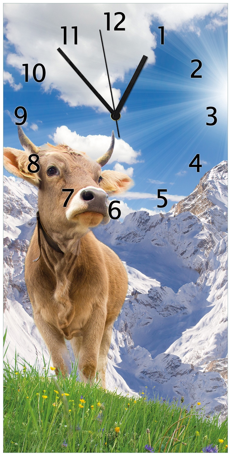 Wallario Uhr 30 x 60 cm, schwarze Zeiger Kuh im Sonnenschein in den Alpen - Bild 1