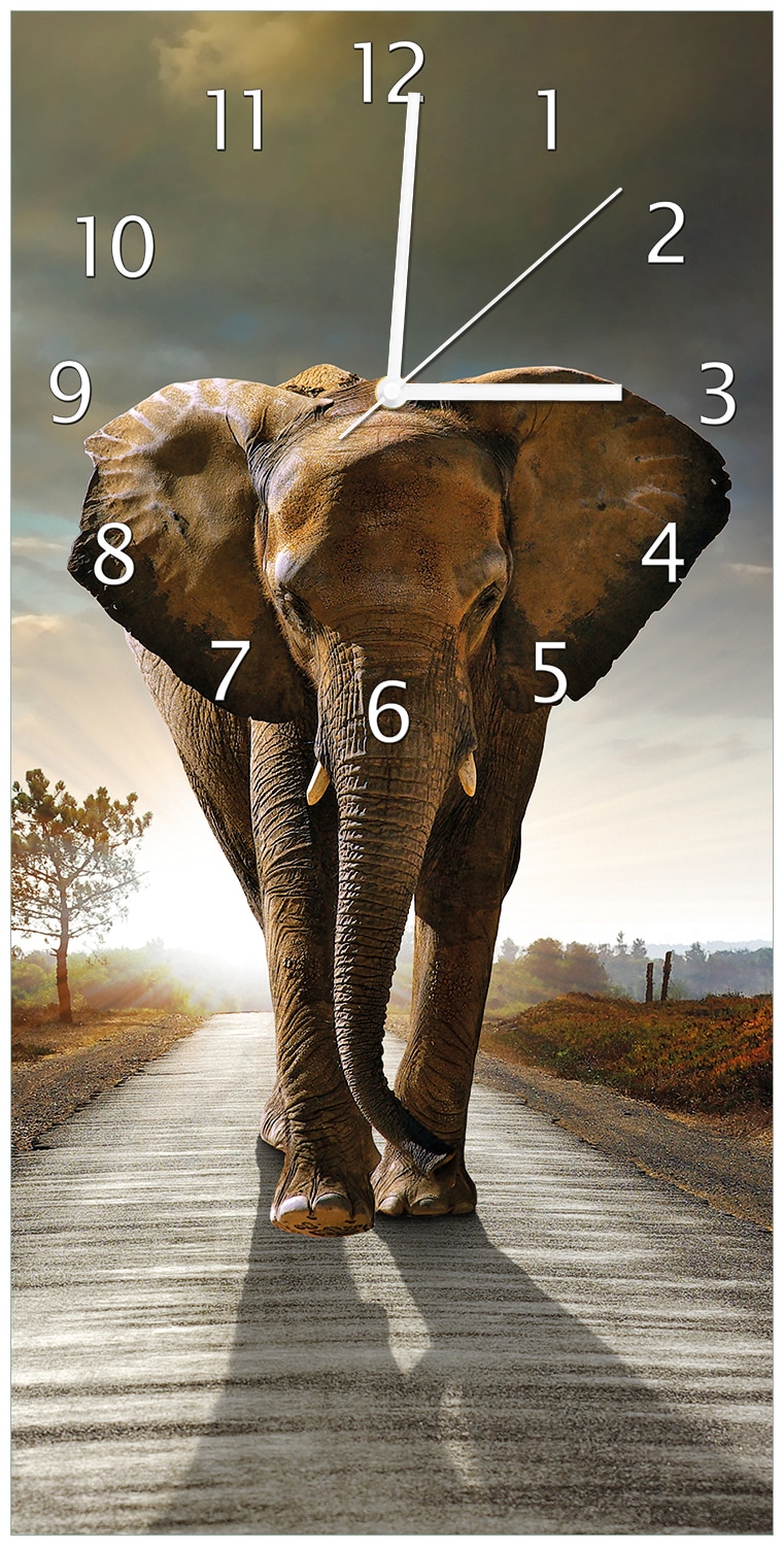 Wallario Uhr 30 x 60 cm, wei&szlig;e Zeiger Elefant bei Sonnenaufgang in Afrika - Bild 1