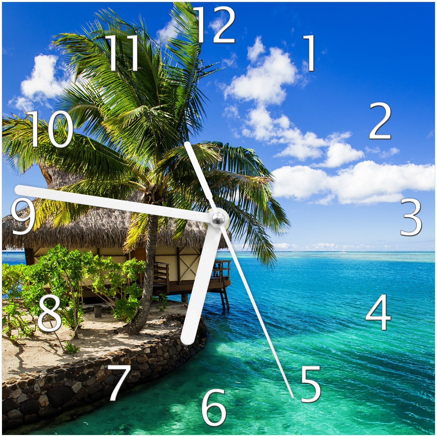 Wallario Uhr 30 x 60 cm, wei&szlig;e Zeiger Karibisches Meer ? Einsame H&uuml;tte unter Palmen - Bild 1