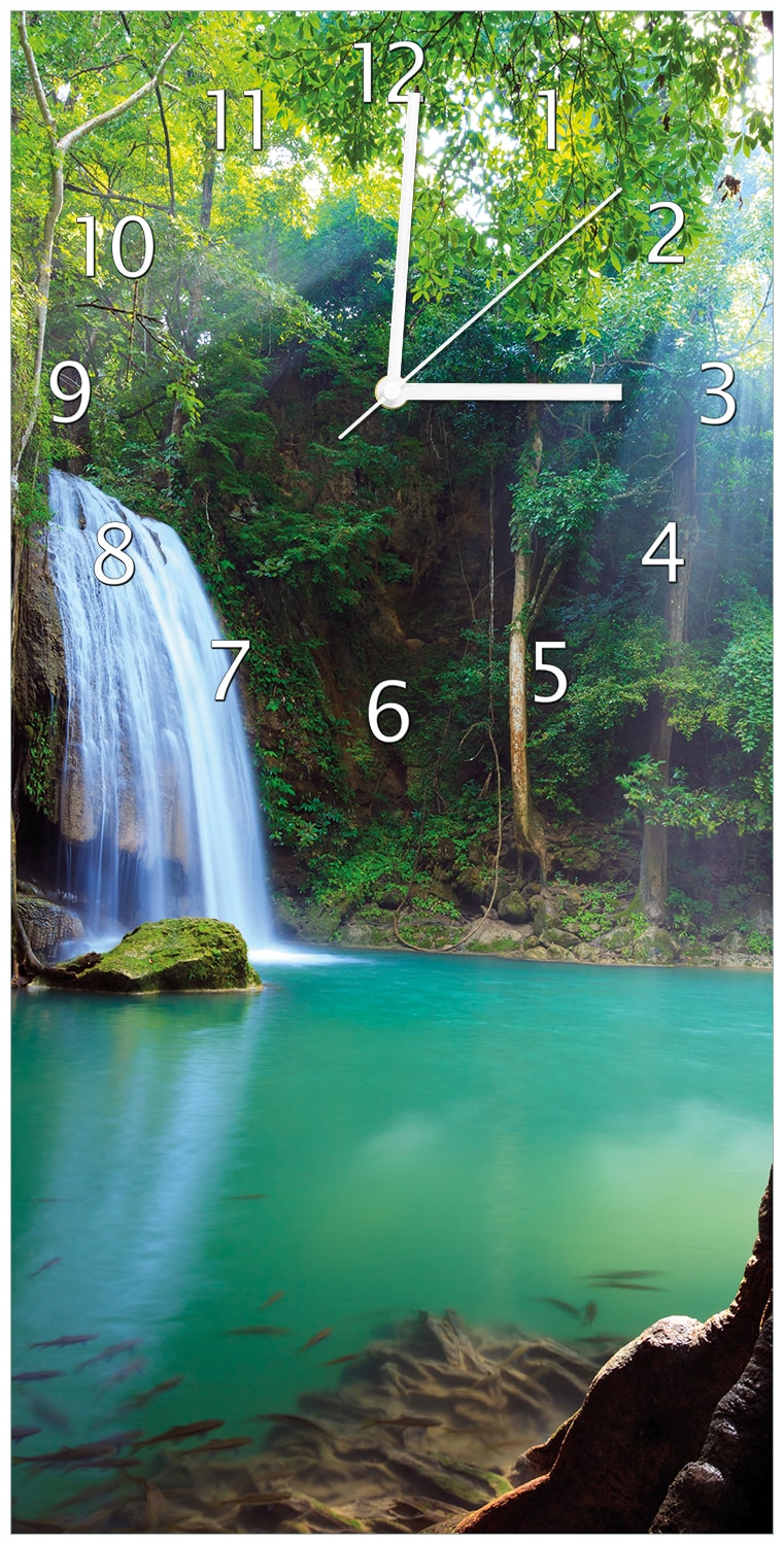 Wallario Uhr 30 x 60 cm, wei&szlig;e Zeiger Wasserfall im Wald am See  Idylle in Thailand - Bild 1