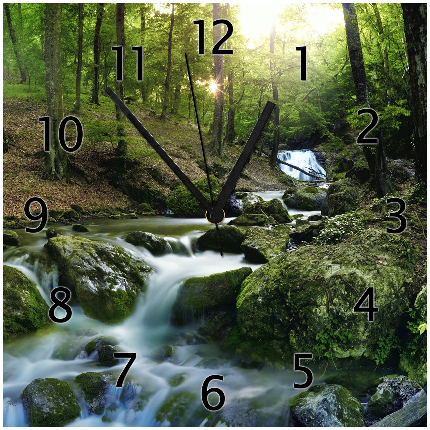 Wallario Uhr 30 x 60 cm, wei&szlig;e Zeiger Flie&szlig;ender Bach im Wald bei Sonnenuntergang - Bild 1