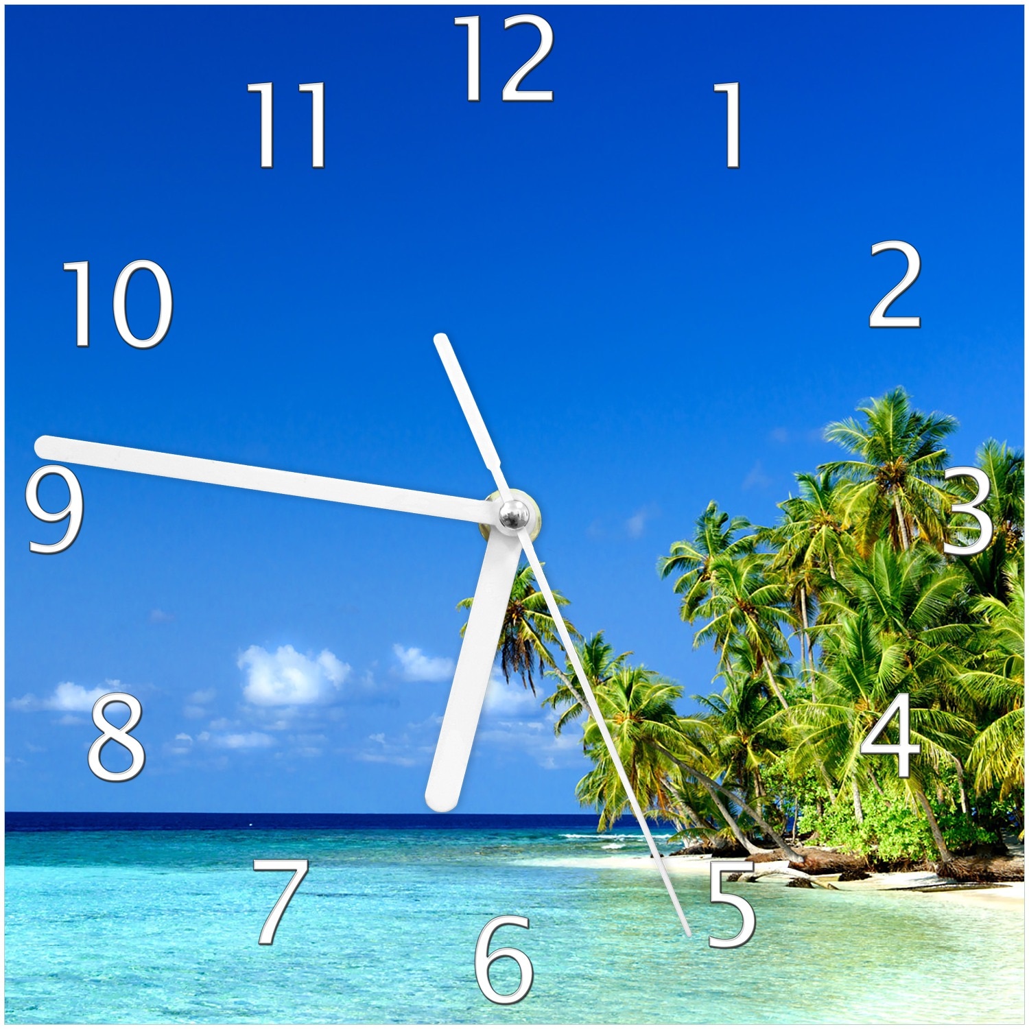 Wallario Uhr 30 x 60 cm, wei&szlig;e Zeiger Blauer Himmel  wei&szlig;er Strand  Palmen und das tiefblaue Meer - Bild 1