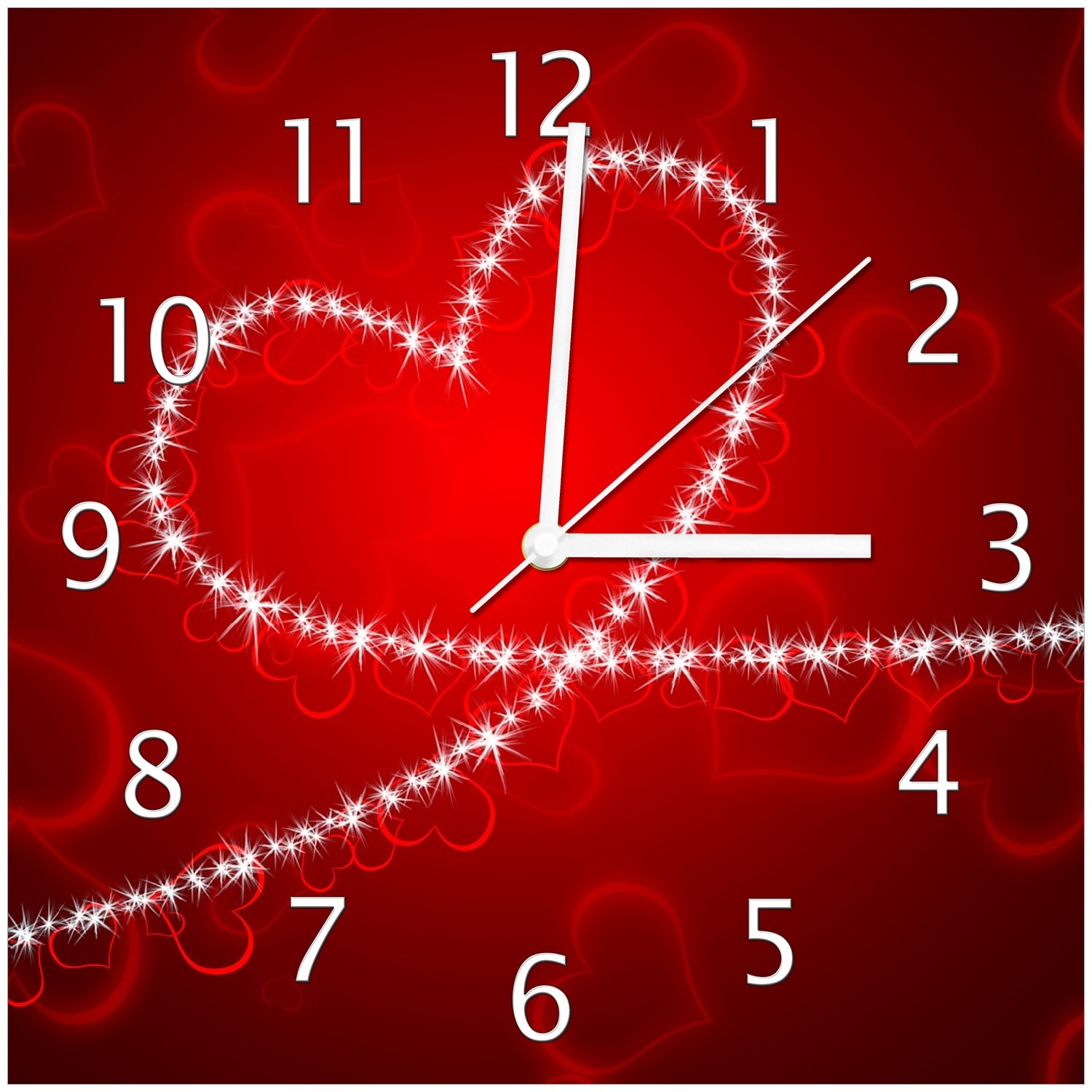 Wallario Uhr 30 x 60 cm, wei&szlig;e Zeiger Leuchtendes Herz aus Sternen vor rotem Hintergrund - Bild 1