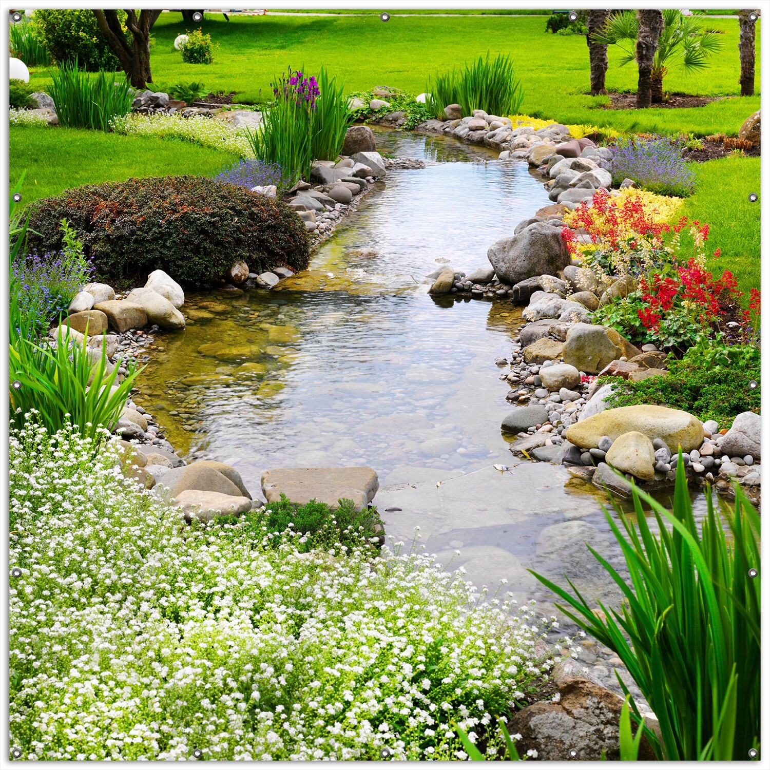 Gartenposter Rund, 120 cm Durchmesser Blumen am Teich