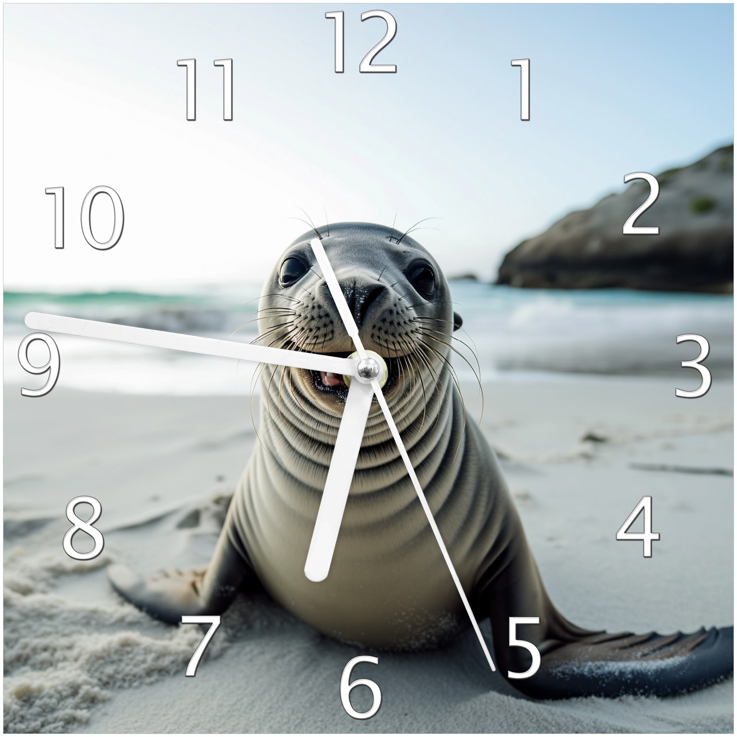 Wallario Uhr 20 x 20 cm, wei&szlig;e Zeiger Robbe am Strand - Bild 1