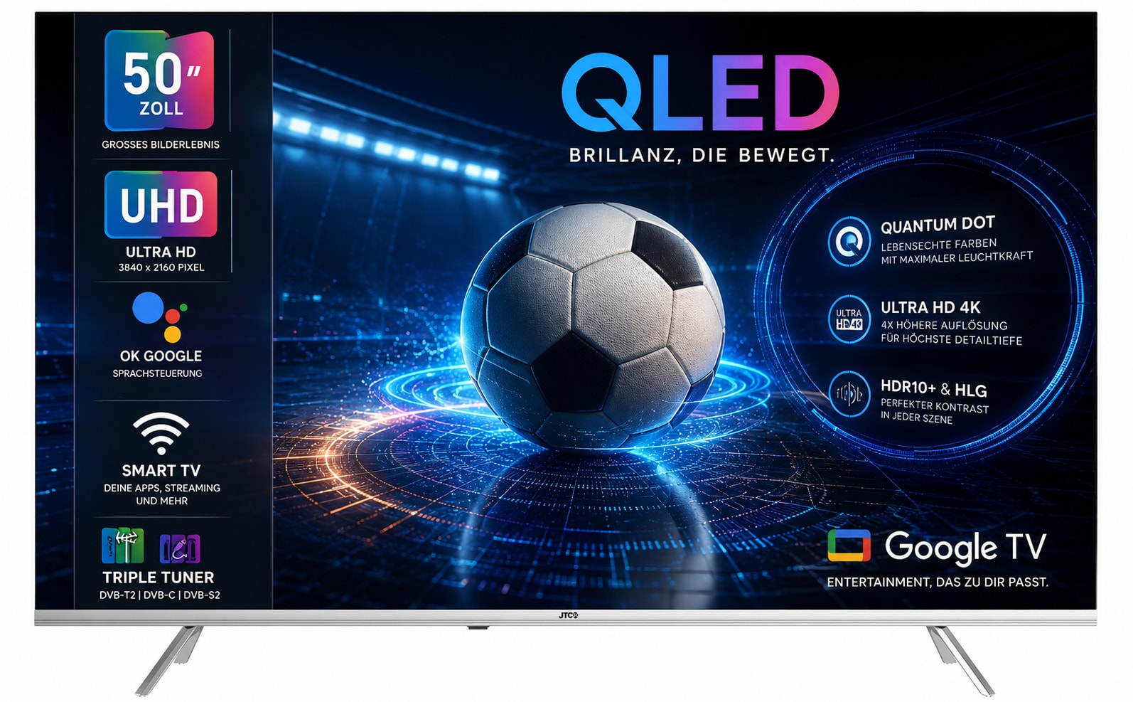 JTC-24 50 Zoll (126 cm) QLED 4K UHD Smart TV/Fernseher JTCSQ50U39505G, Google TV, Android OS, Dolby Vision, Triple Tuner, Bluetooth, Sprachsteuerung, HDR10+ - Bild 1