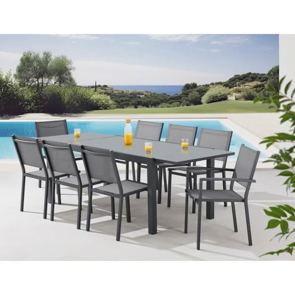 CALVI Garten-Essgruppe f&uuml;r 6 bis 8 Personen: Ausziehbarer Tisch (180&ndash;240 cm) + 2 Armlehnst&uuml;hle + 6 St&uuml;hle &ndash; Grau - Bild 1