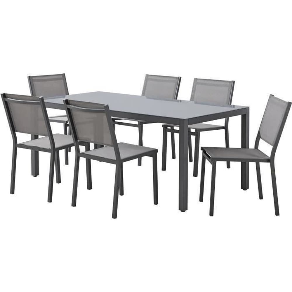 CALVI Gartentisch-Set f&uuml;r 6 Personen: Tisch + 6 St&uuml;hle &ndash; Aluminiumgestell &ndash; L 180 x T 90 x H 72 cm &ndash; Anthrazitgrau - Bild 1