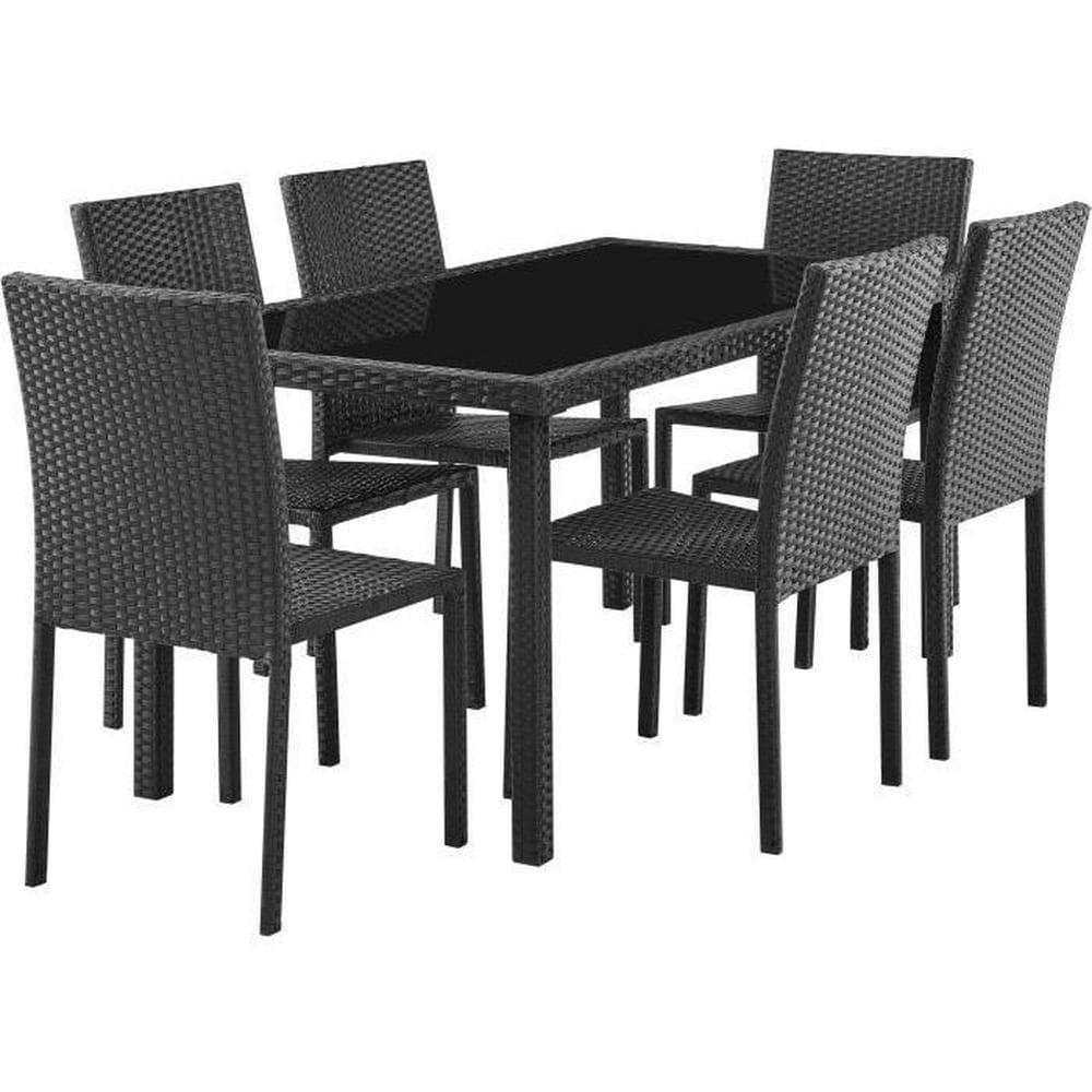 CALVI Garten-Essgruppe &ndash; Tisch aus geh&auml;rtetem Glas und 8 schwarze St&uuml;hle aus Kunstharzgeflecht &ndash; Tisch: 160 x 80 x 73 cm &ndash; Stuhl: 44 x 54 x 88 cm &ndash; A - Bild 1