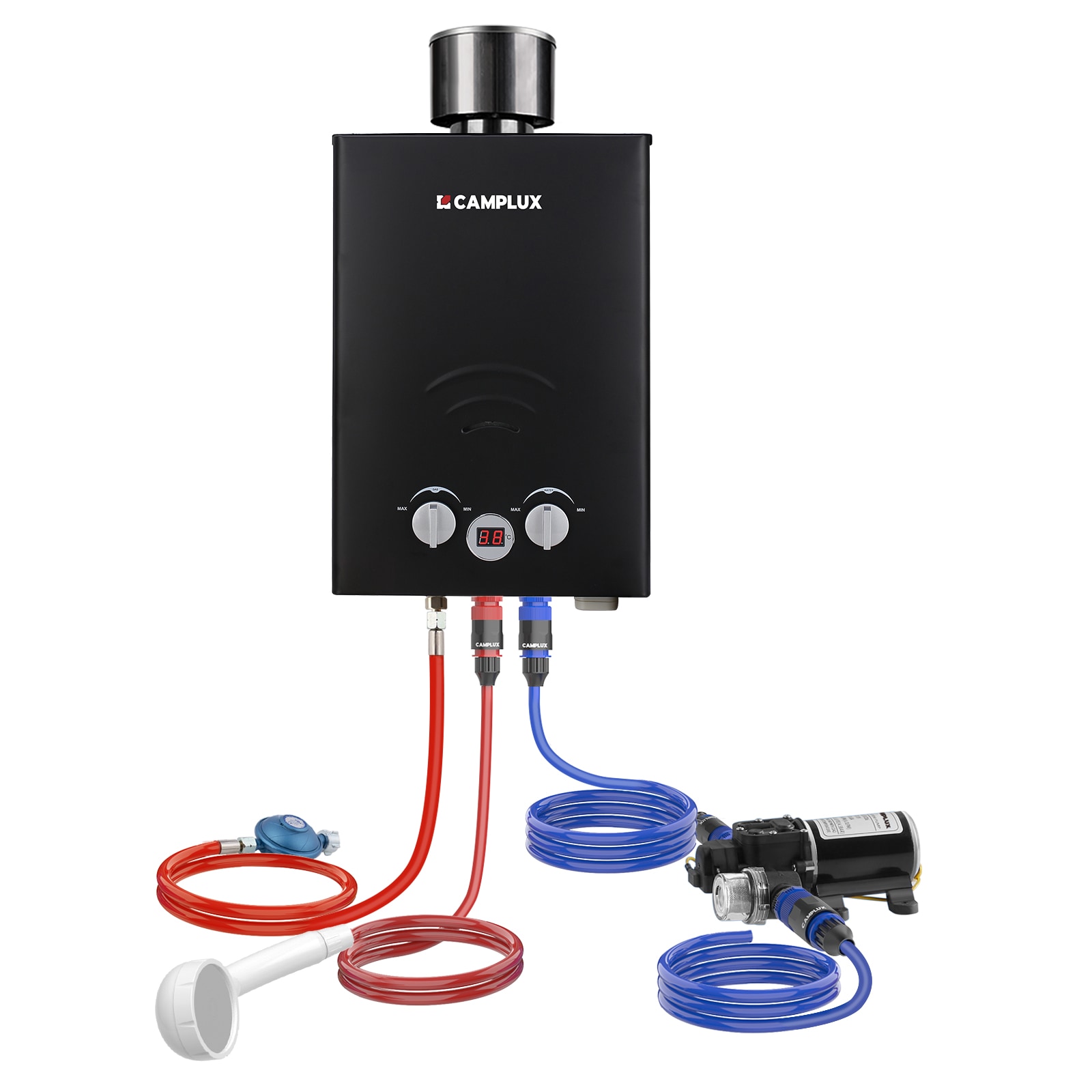 Camplux Outdoor Gas-Durchlauferhitzer mit Pumpe 11 kW, 6 L/min, Schwarz