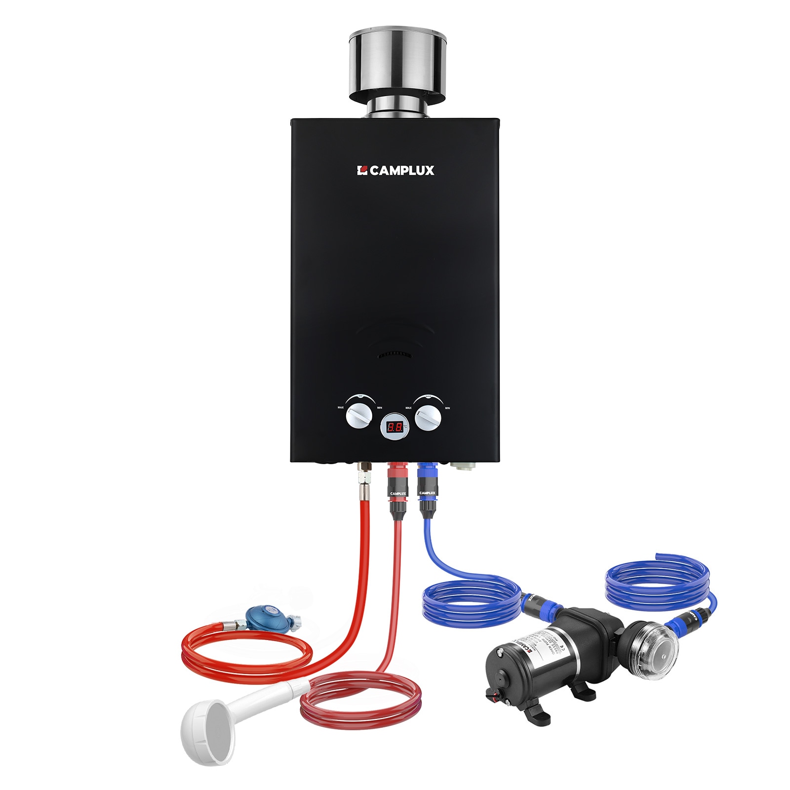 Camplux Outdoor Gas-Durchlauferhitzer mit Pumpe 20 kW, 10 L/min, Schwarz - Bild 1