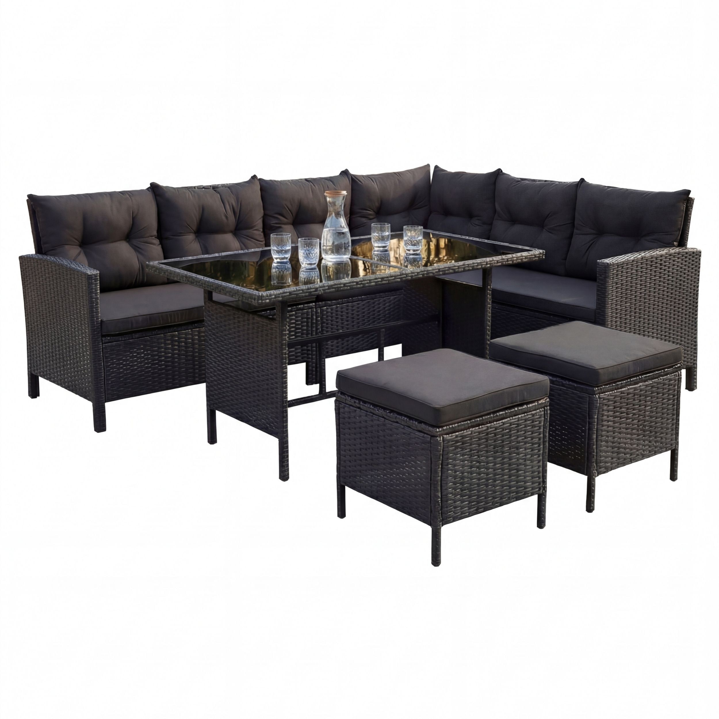 Inspinovia Polyrattan Gartenm&ouml;bel Lounge TERA Schwarz/Schwarz - Sofa, Tisch, Hocker & Kissen - 7 Personen - Bild 1