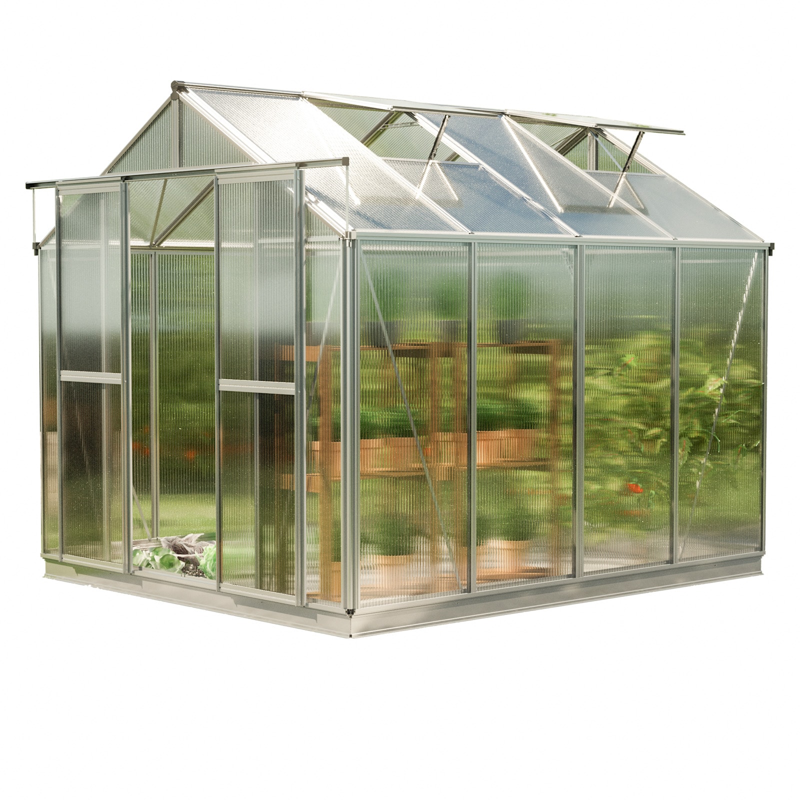GFP Gew&auml;chshaus Aluminium-Rahmen, 6 mm Doppelstegplatten, mit Fundamentrahmen & automatischem Fenster&ouml;ffner 225 x 259 x 213 cm - Bild 1