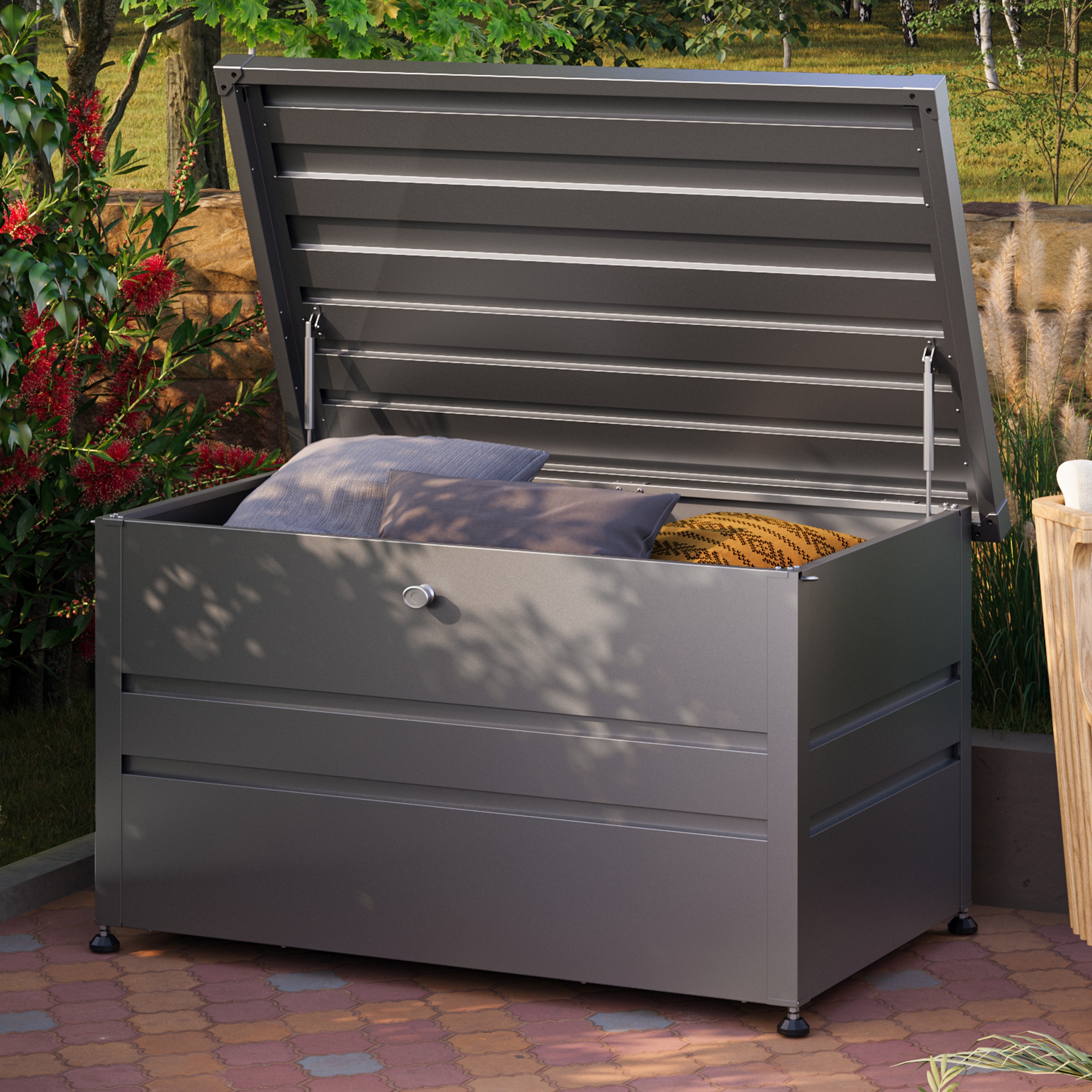 GFP Primeyard Gartenbox DAVID Aufbewahrungsbox Auflagenbox Gartentruhe Metall, anthrazit 182 x 84 x 72 cm