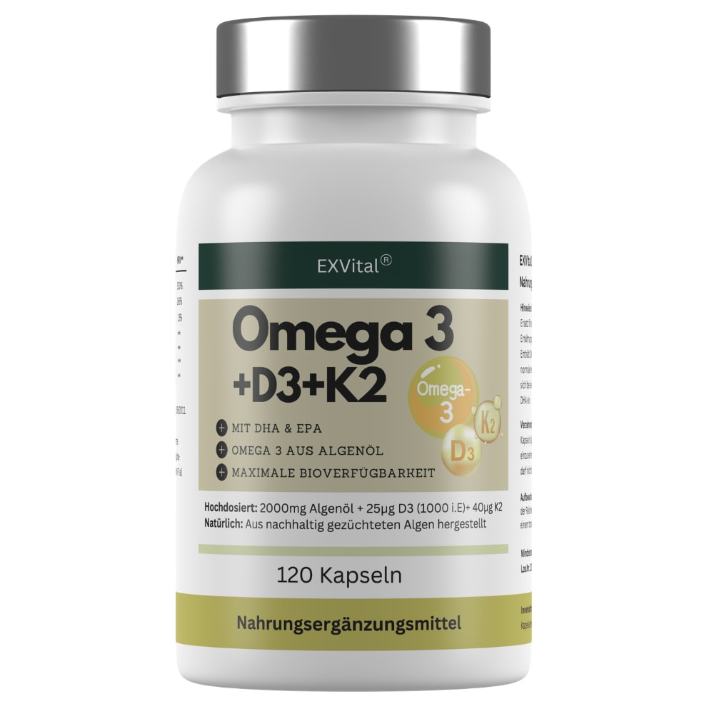 EXVital&reg; Omega 3 + D3 & K2 Kapseln aus Algen&ouml;l, hochdosiert & vegan, 120 Kapseln - Bild 1