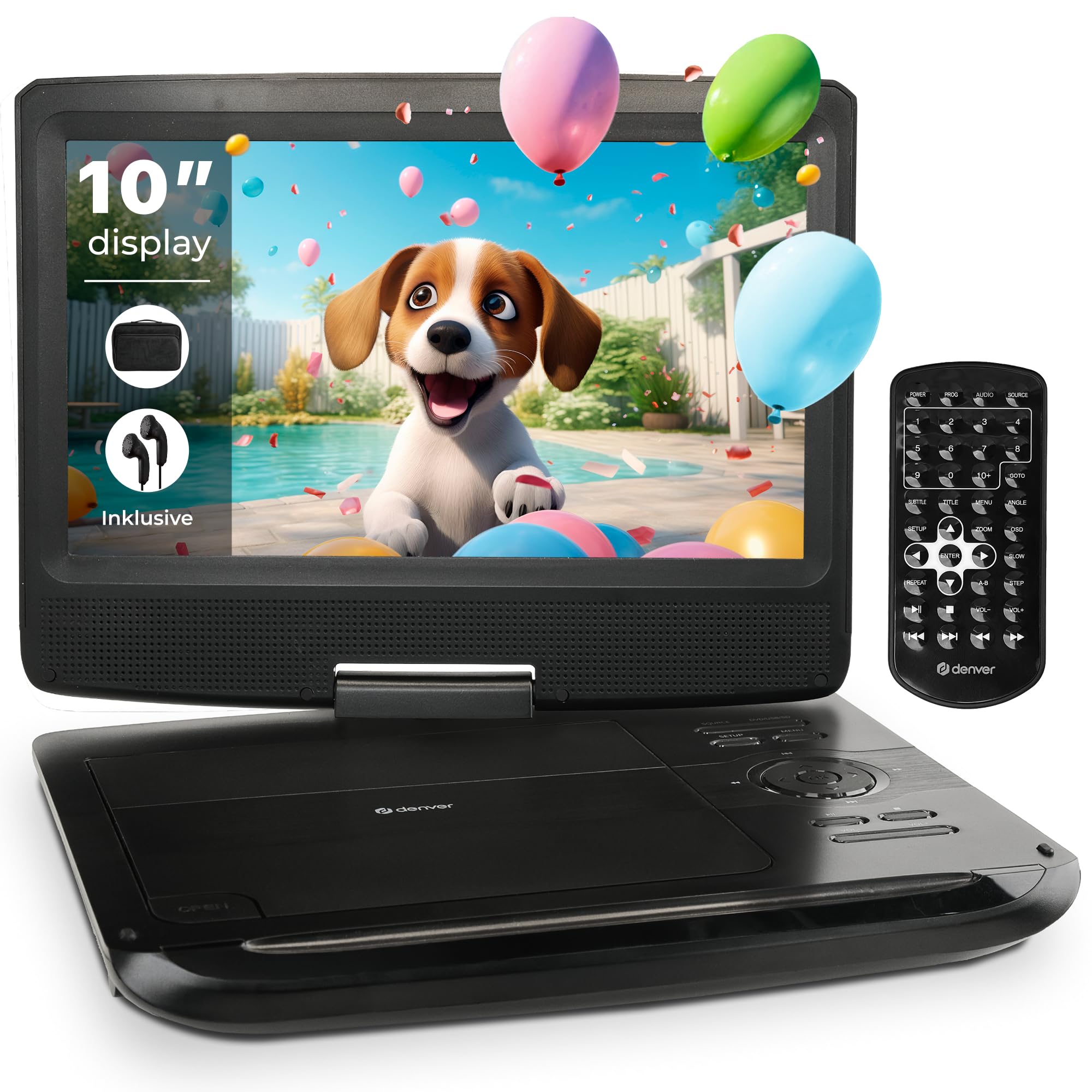 DENVER MT-1097 Tragbarer DVD Player (10 Zoll, 12V, Anschluss, Akku, USB, SD, Lautsprecher, Fernbedienung) - Bild 1
