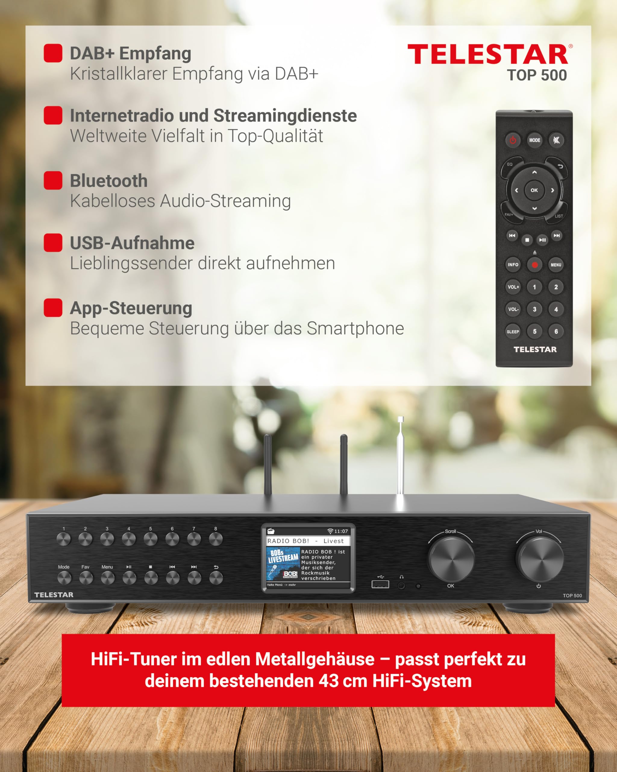 TELESTAR TOP 500 HiFi-Tuner 43 cm Breit, Internetradio DAB+ Bluetooth Schwarz - Bild 1