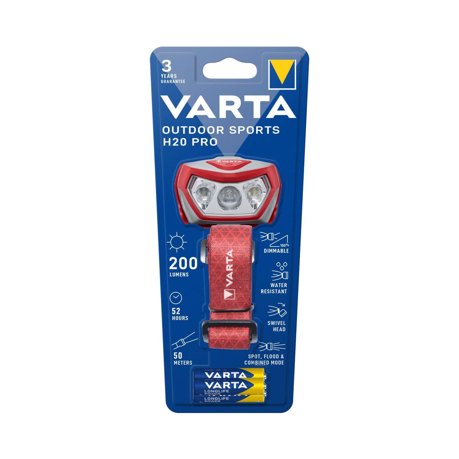 VARTA Outdoor Sports H20 Pro Kopfleuchte mit 3AAA Batterien rot - Bild 1