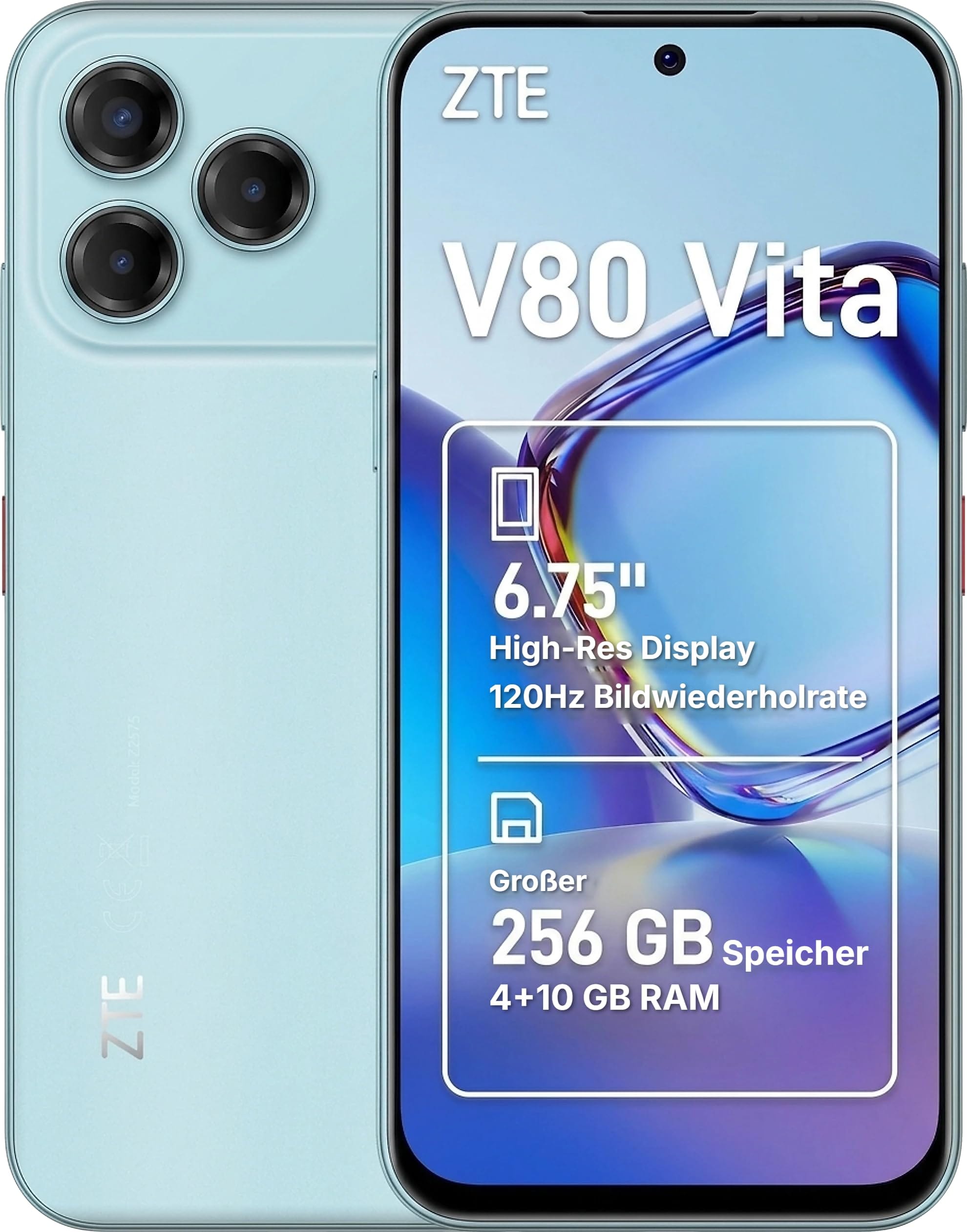 ZTE V80 Vita 4GB + 256GB Cyan Smartphone (6,75 Zoll, 50 MP, Triple-Kamera, 5.000-mAh, Octa-Core, Fingerabdrucksensor, Gesichtserkennung) - Bild 1