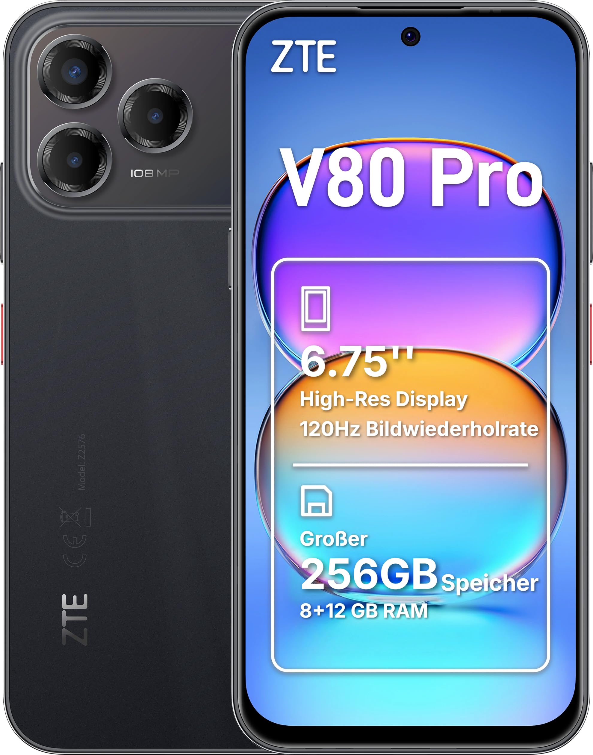ZTE V80 Pro 8GB + 256GB Black Smartphone (6,75 Zoll, 108 MP, Triple-Kamera, 5.000-mAh, Octa-Core, Fingerabdrucksensor, Gesichtserkennung) - Bild 1