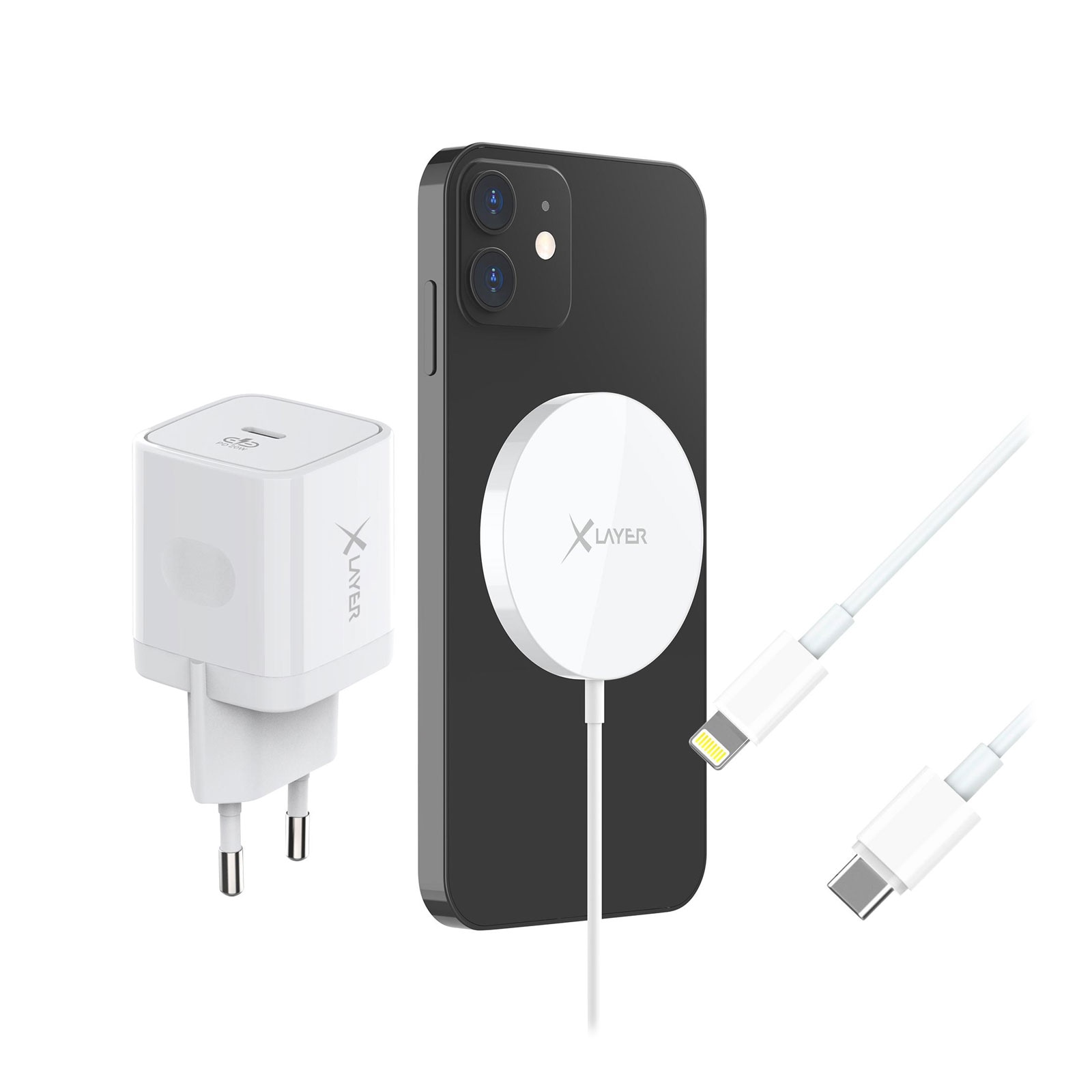 XLayer Wireless Magnetic Starter Set Enth&auml;lt: 1x 20 Watt USB-C Ladeger&auml;t, 1x 15 Watt Kabelloses Ladepad, 1x USB-C auf Lightning Kabel, 1m) - Bild 1