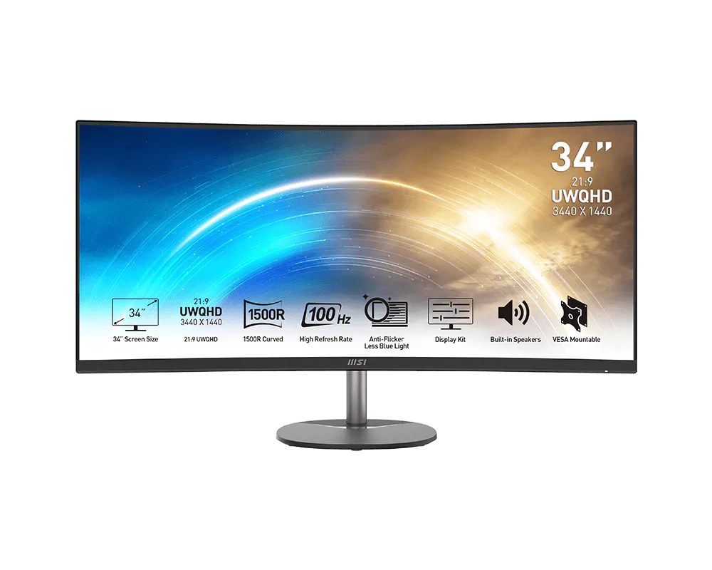 MSI PRO MP341CQDE, Schwarz, 34 Zoll, Curved, UWQHD, VA, 100 Hz, 1 ms (HDMI, DisplayPort, neigbar, AMD FreeSync) - Bild 1