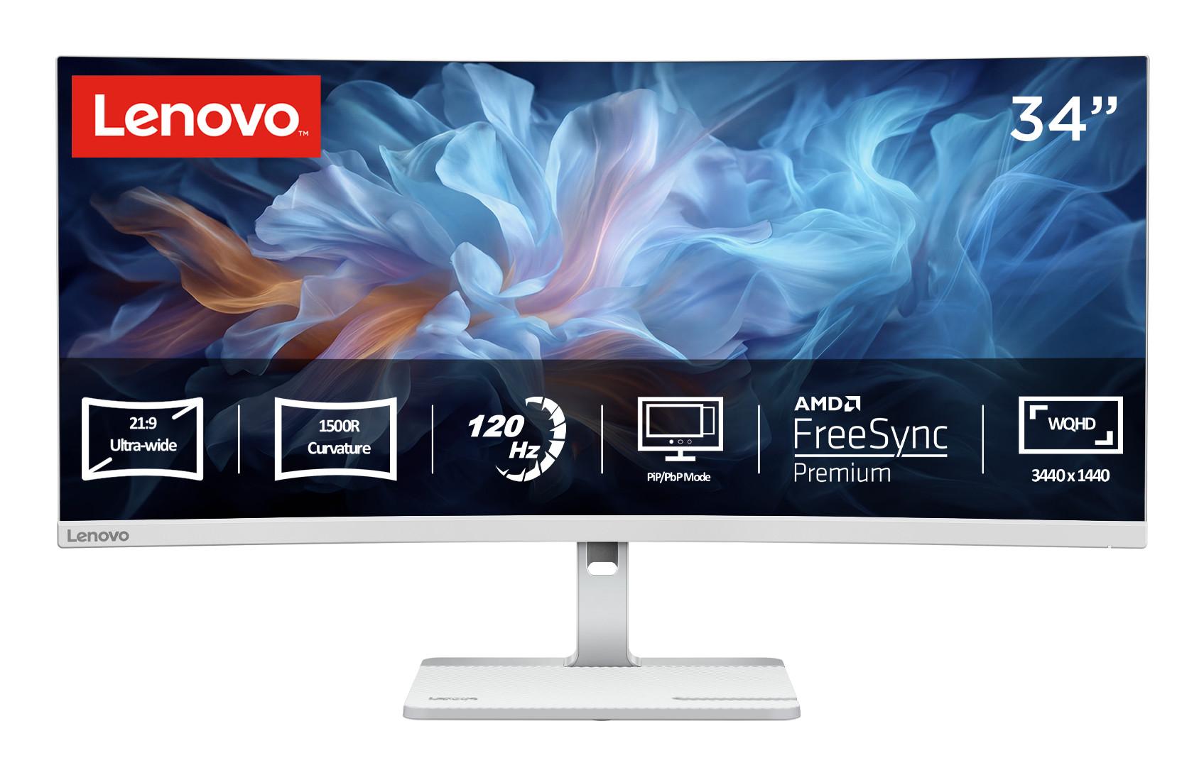 Lenovo Monitor L34W-4C, Cloud Grey, 34 Zoll, Curved, WQHD, 120 Hz, 1 ms (VA, HDR10, 2 x HDMI 2.1, 1 x DisplayPort 1.4, h&ouml;henverstellbar, AMD FreeSync Premium) - Bild 1