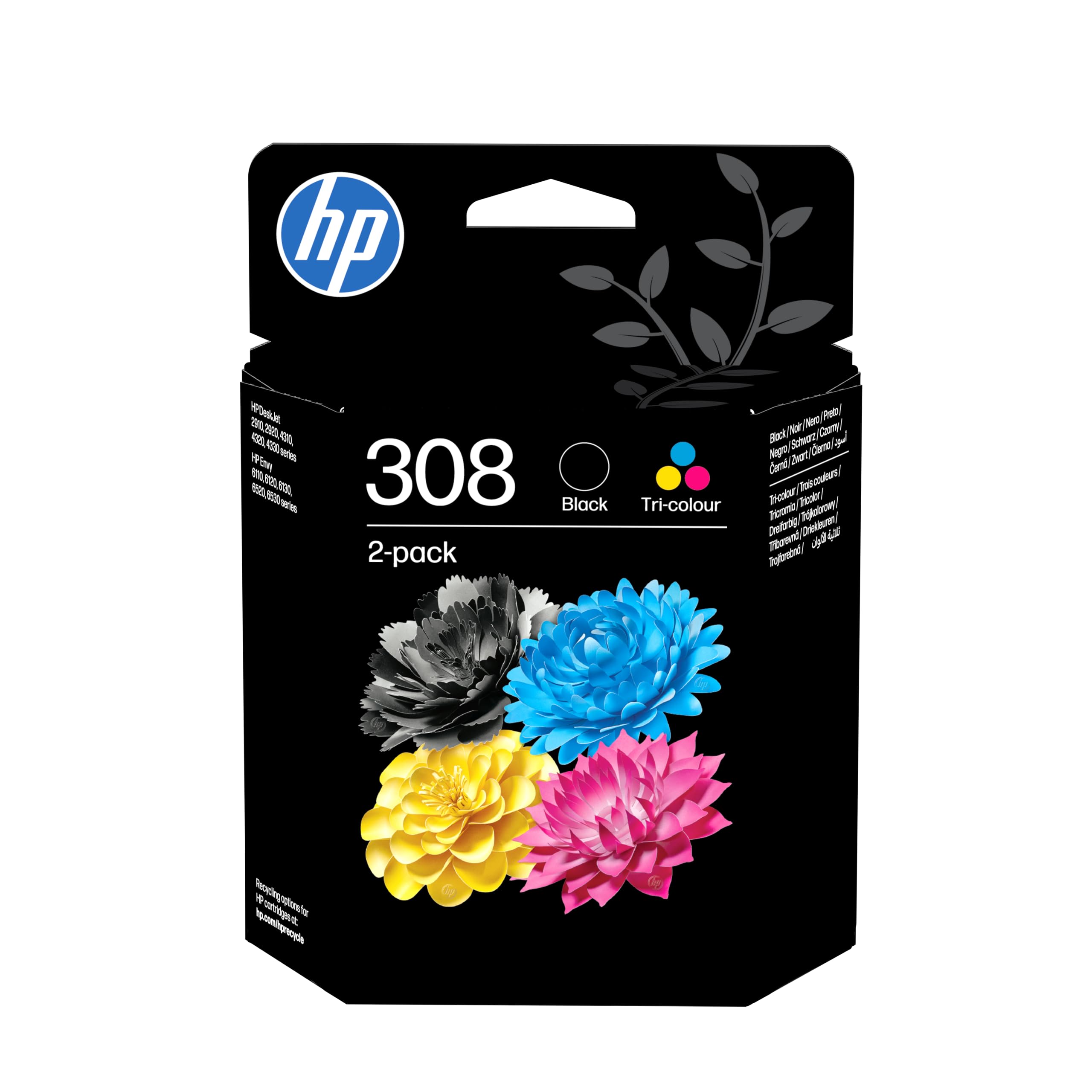 HP 308 2er-Pack Schwarz/Cyan/Magenta/Gelb Original Druckerpatronen-Kombipackung (6L6S6UE, kompatibel mit HP Envy 6110, 6120, 6130, 6520, 6530 Serie) - Bild 1
