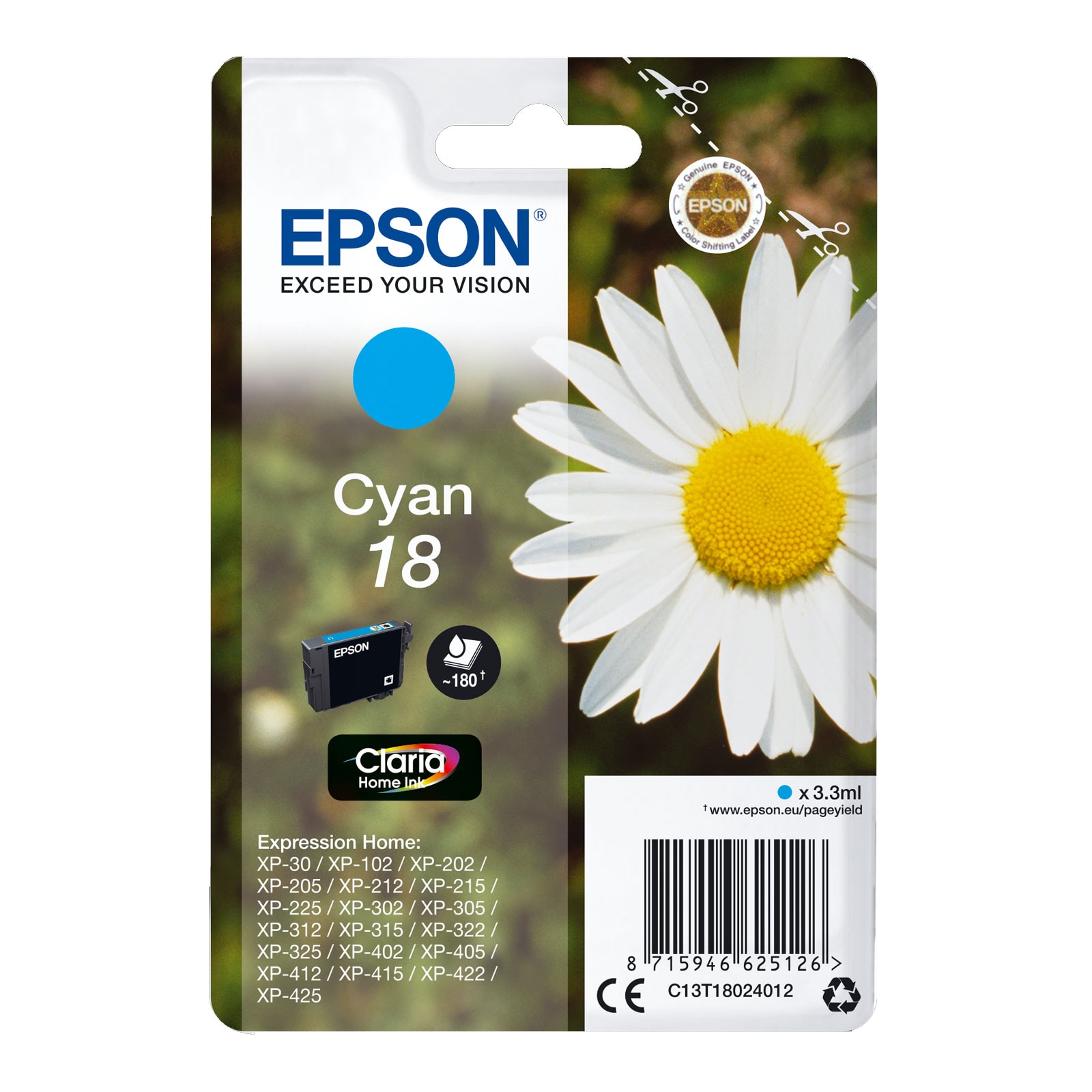 EPSON C13T18024012 Singlepack 18 Claria Home Ink Serie "G&auml;nseblume" Cyan - Bild 1