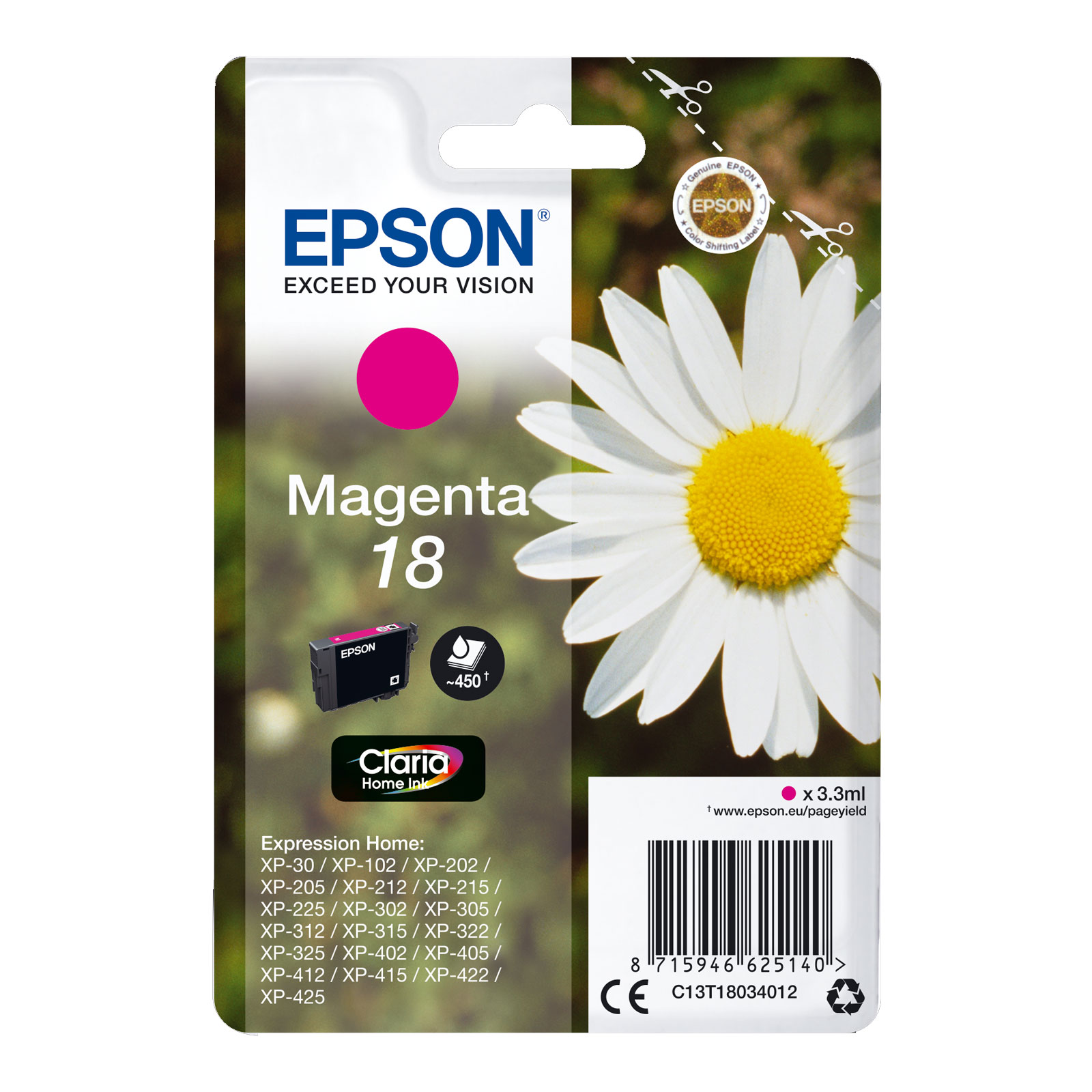 EPSON C13T18034012 Singlepack 18 Claria Home Ink Serie "G&auml;nseblume" Magenta - Bild 1