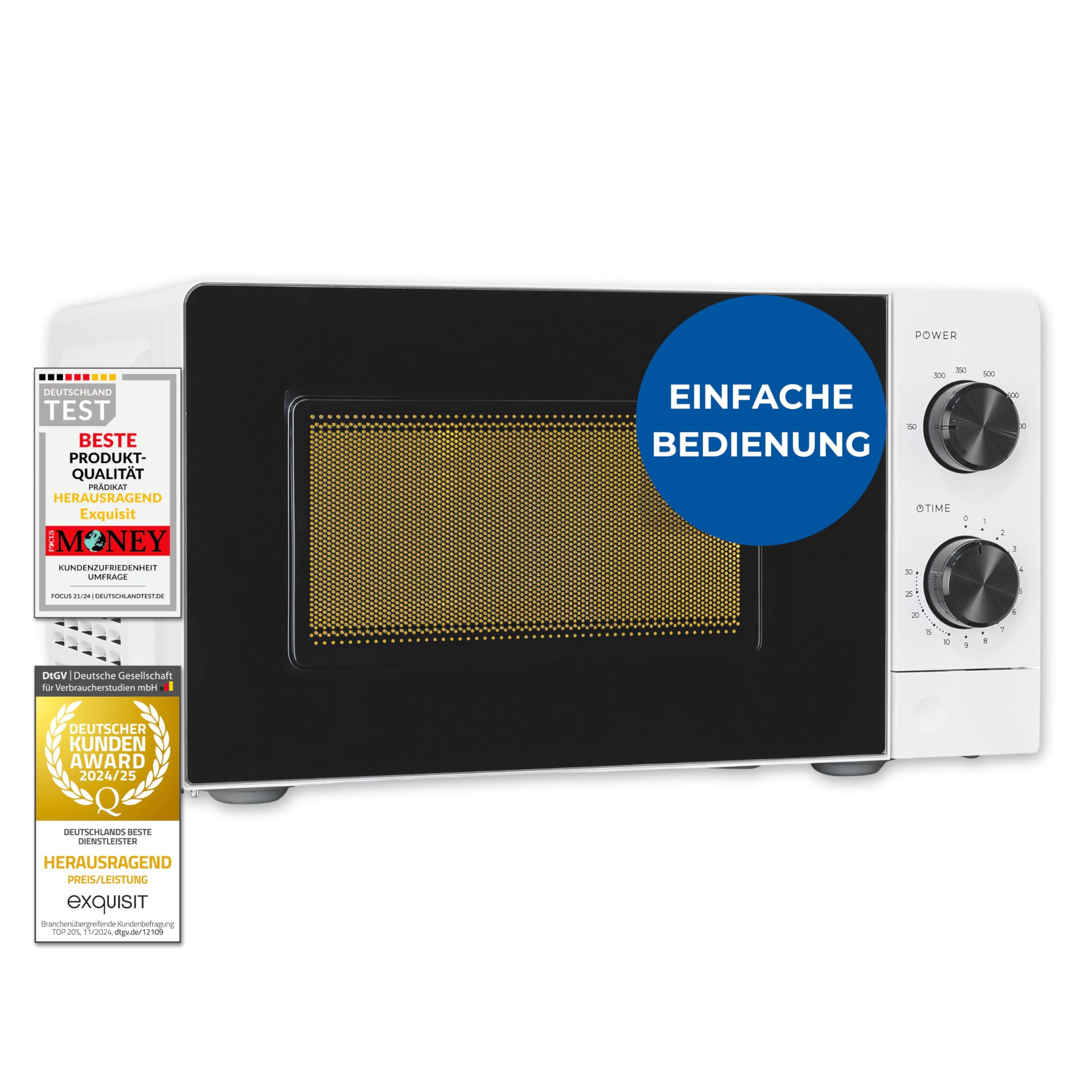 EXQUISIT MW950-70 weiss Mikrowelle (20 Liter, 700 Watt max. Mikrowellenleistung, lackierter Garraum, 6 Leistungsstufen inkl. Auftaufunktion, Drehteller 24,5 cm &Oslash;, mechanische Zeitschaltuhr, Innenbeleuchtung, Wei&szlig;/Schwarz) - Bild 1